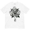 White t-shirt with black floral design and brand logo on a white background