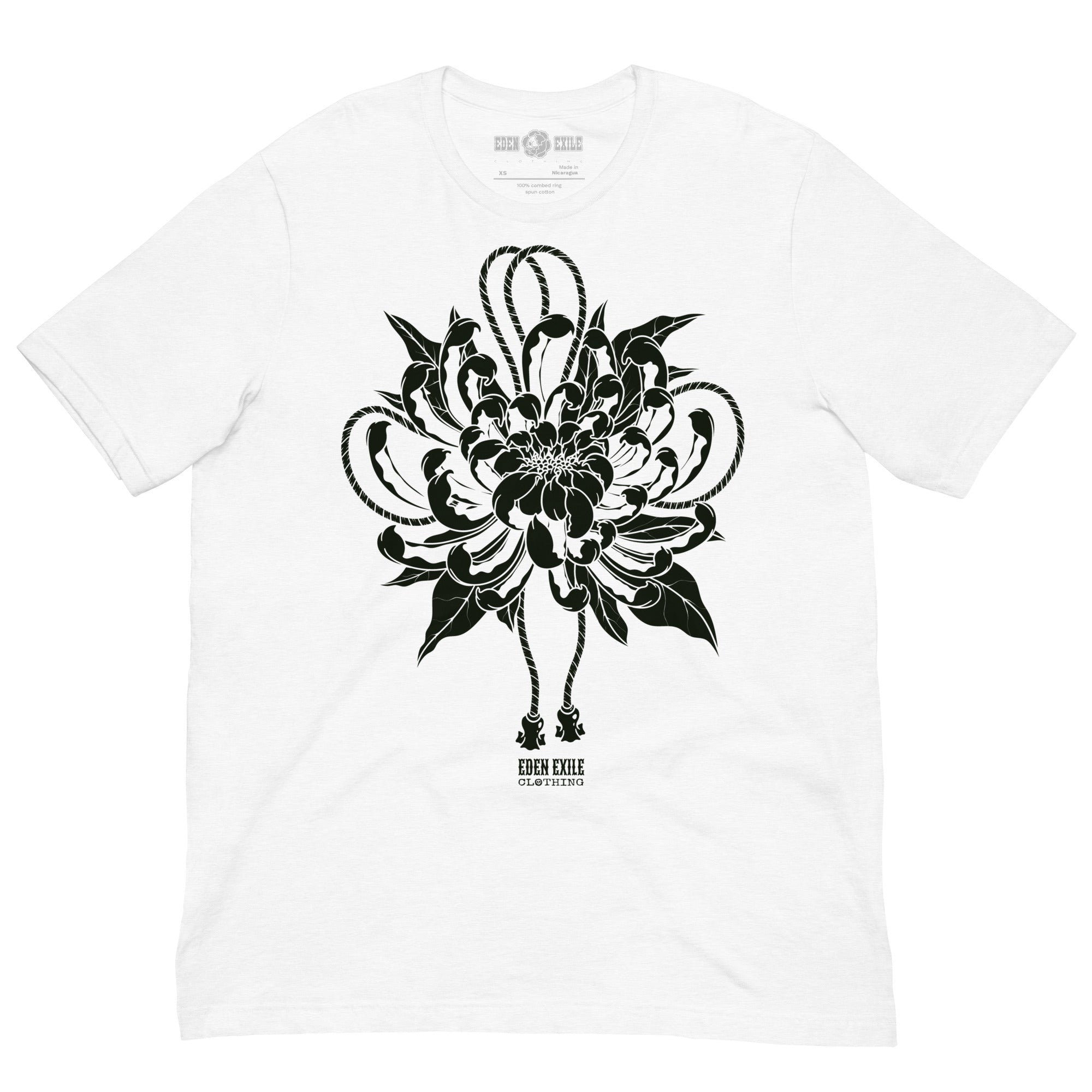 White t-shirt with black floral design and brand logo on a white background