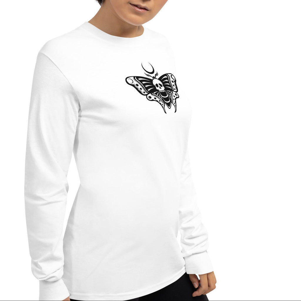 White long-sleeve shirt with a black butterfly design on a white background
