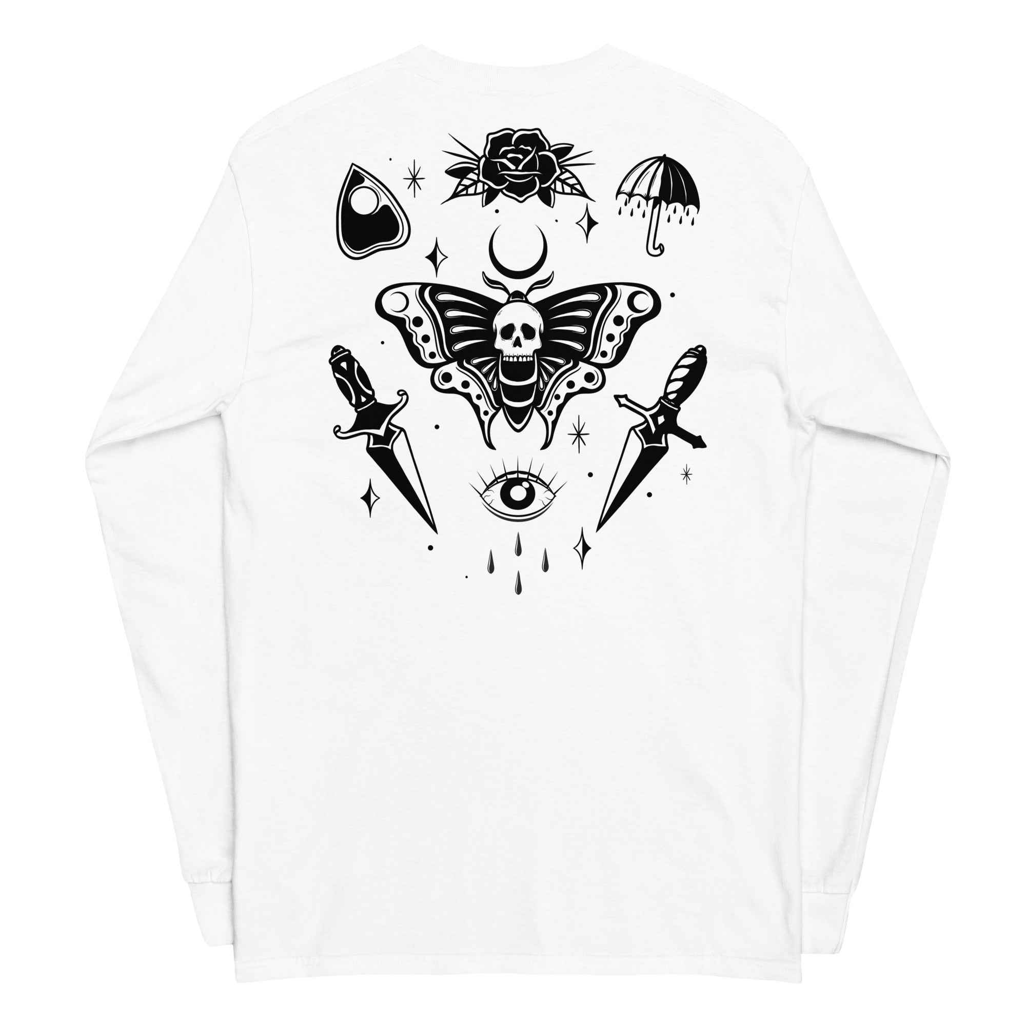 White long-sleeve shirt with black tattoos designs as in a tattoo board on a white background