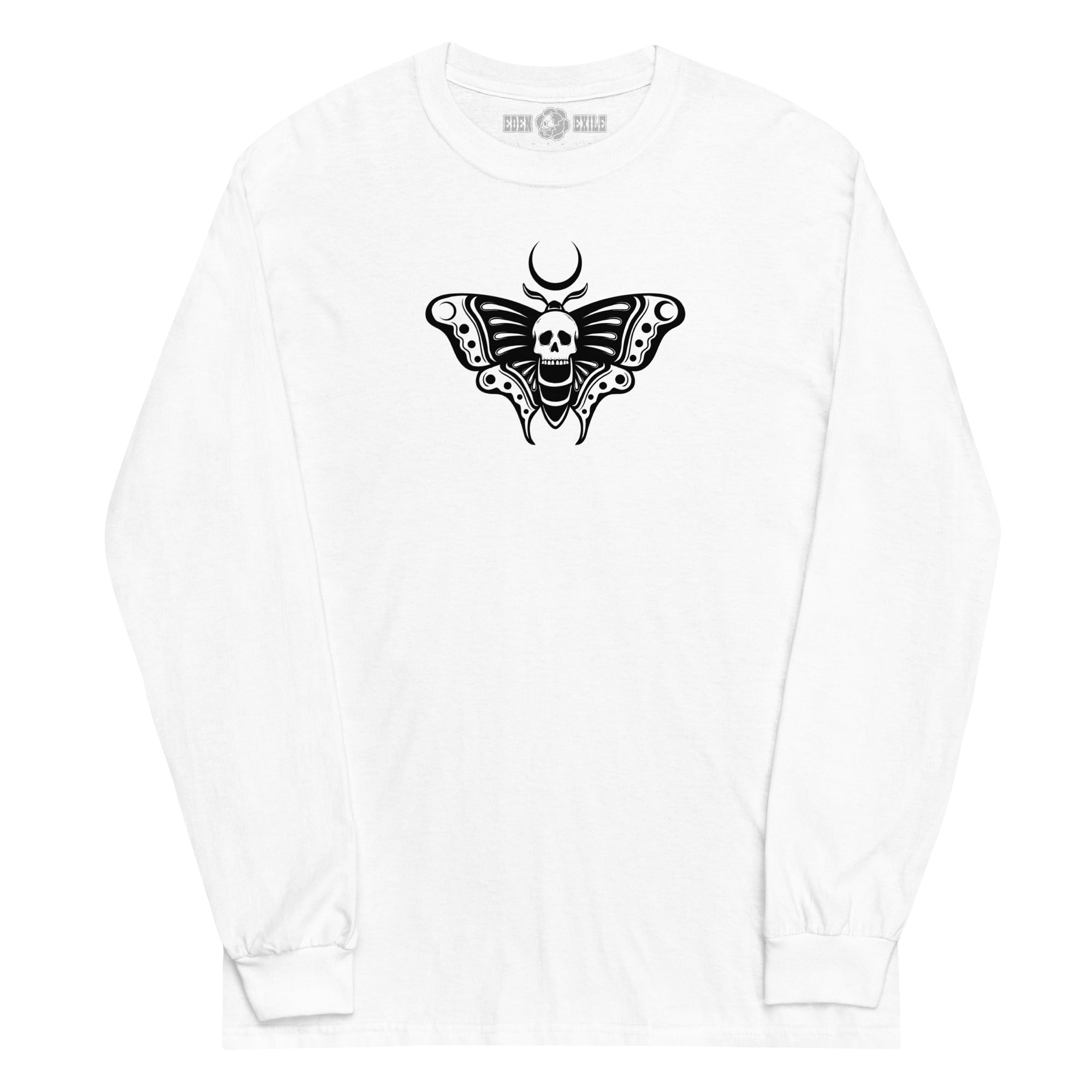 White long-sleeve shirt with a black death moth tattoo design on a white background