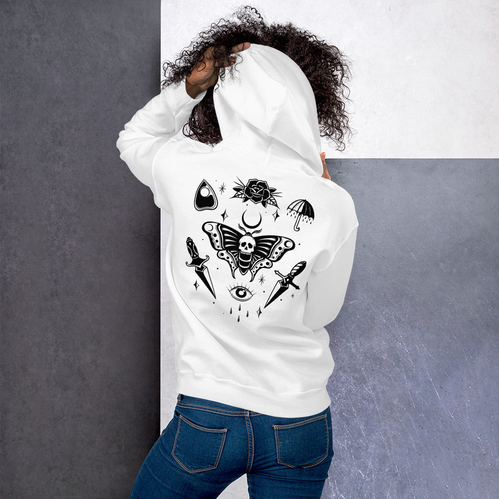 Person wearing a white hoodie with black tattoo-style graphics on a white background
