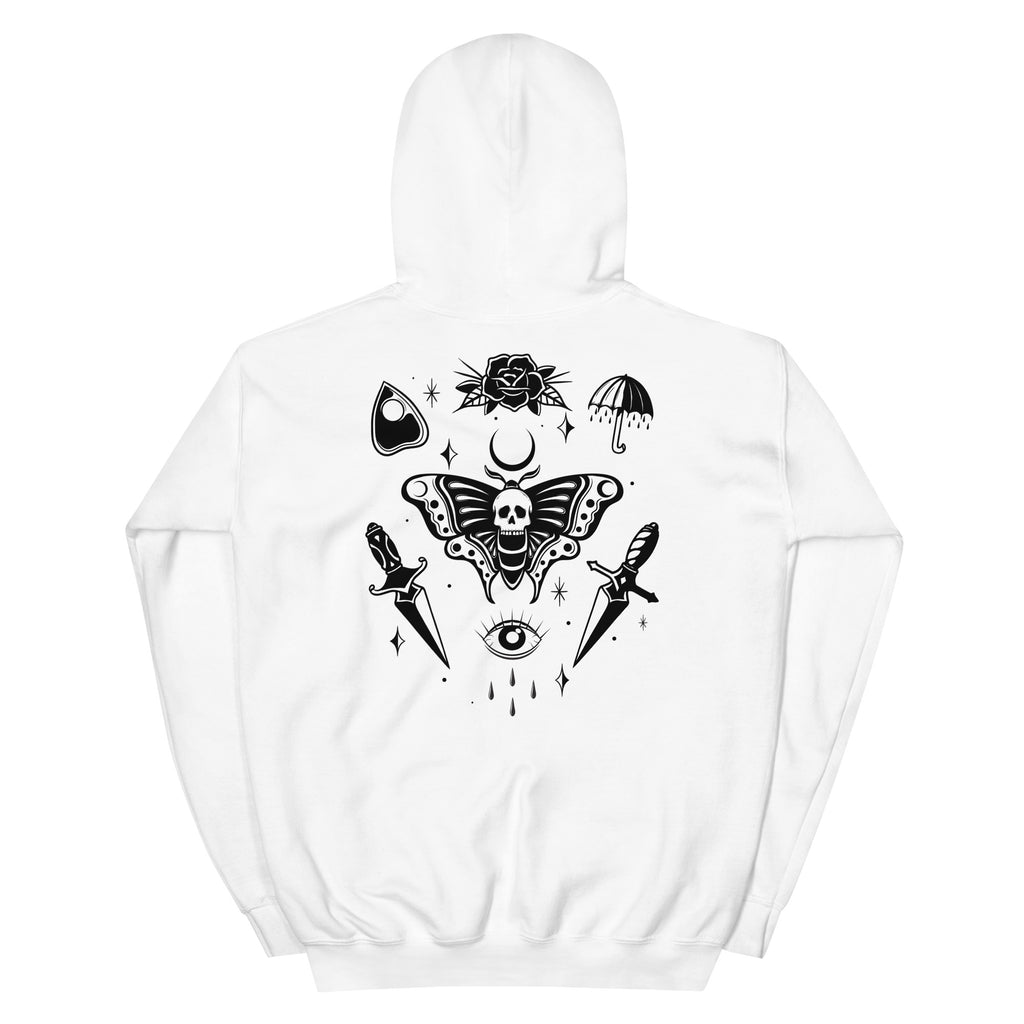 White hoodie with black tattoo-style graphics on a white background