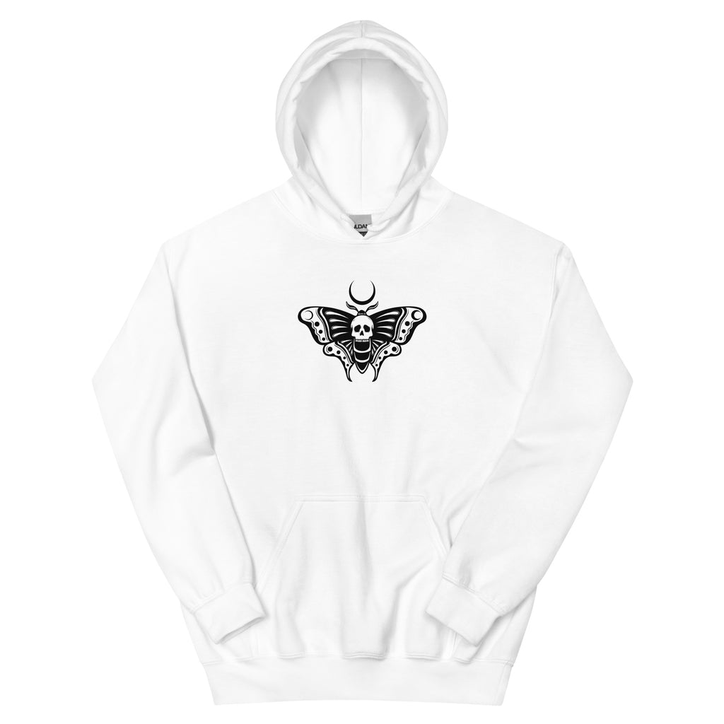 White hoodie with a black death moth tattoo design on a white background