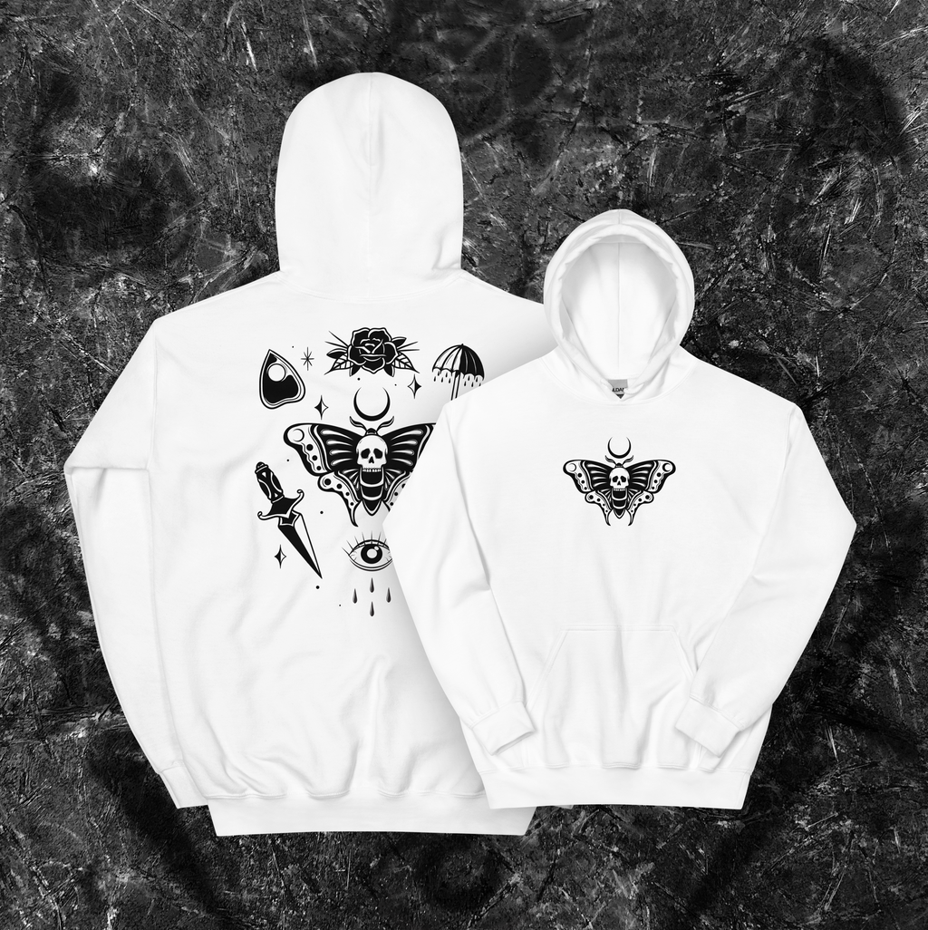 White hoodie with black tattoo designs as in a tattoo board on a dark textured background