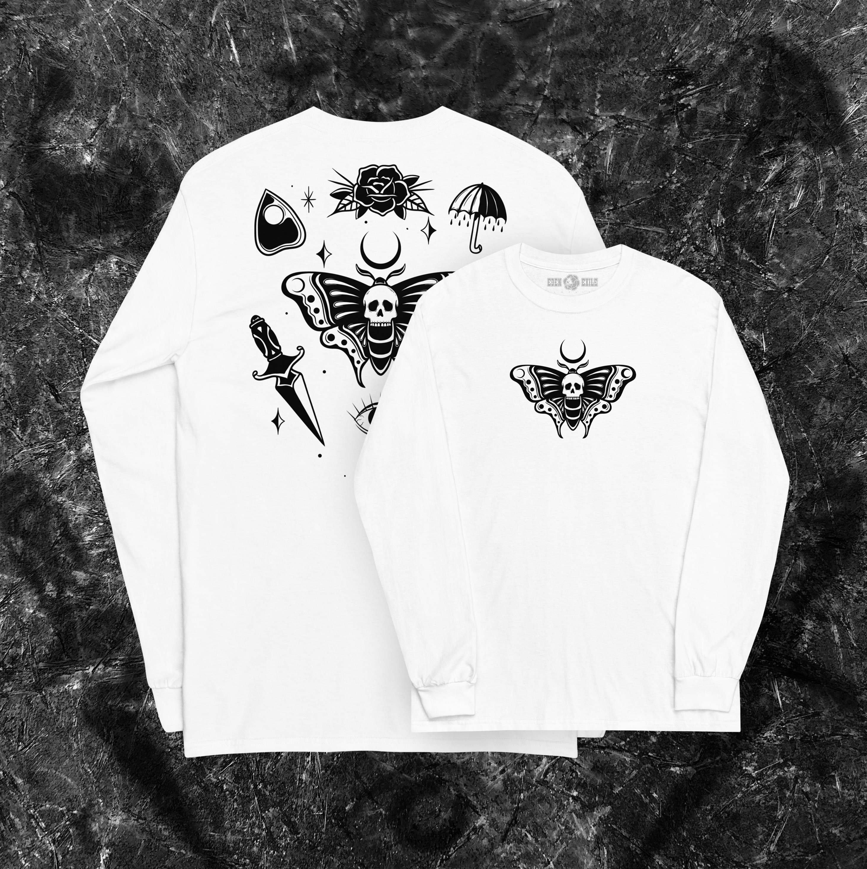 White sleeve shirt with black tattoo designs as in a tattoo board on a dark textured background