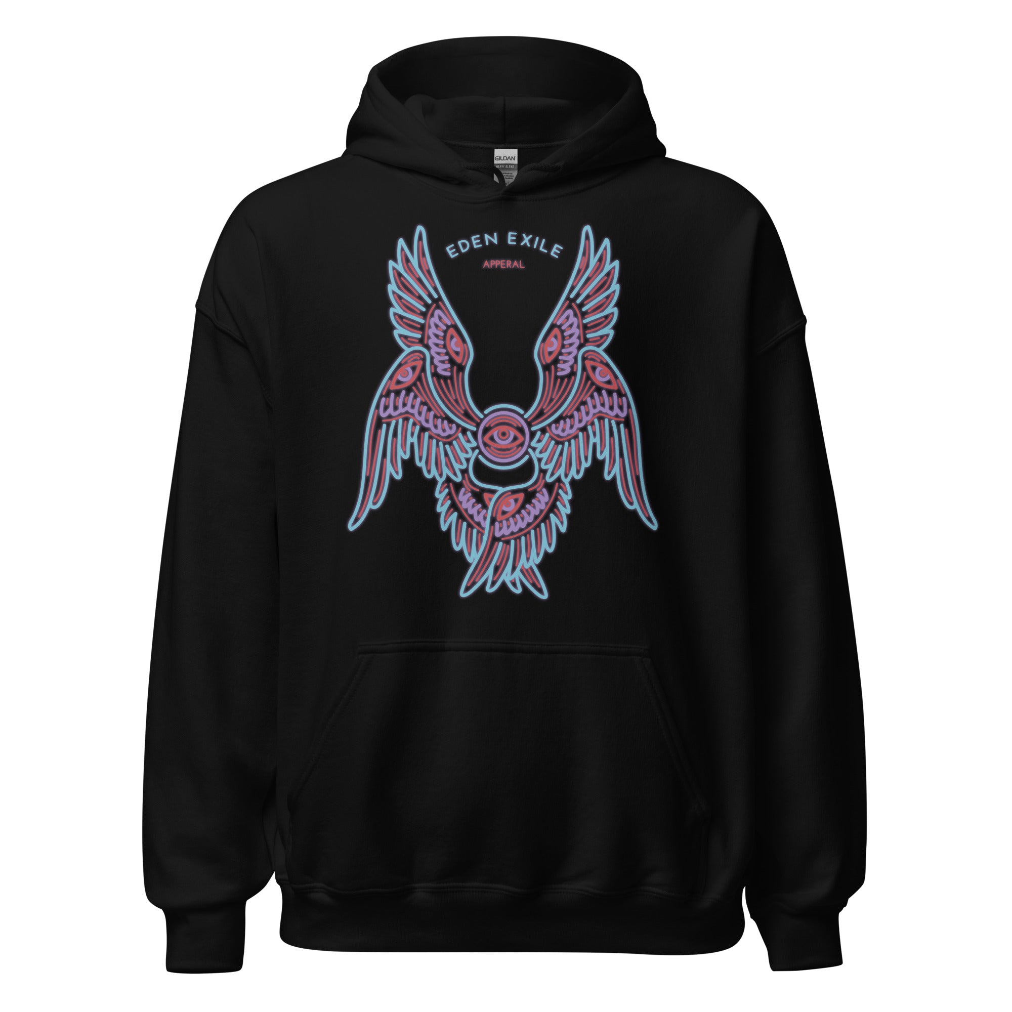 Black hoodie with a colorful neon light Seraph angel design on a white background