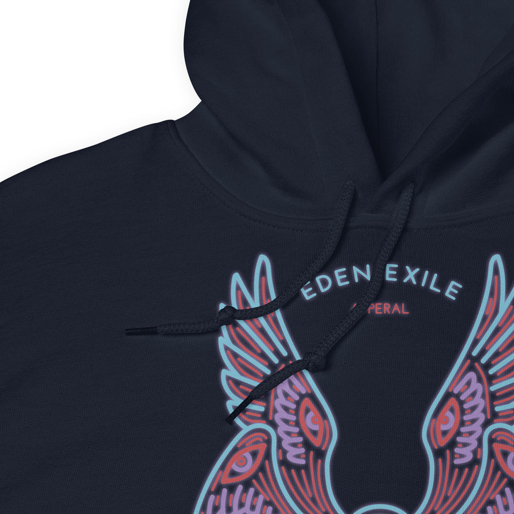 Black hoodie with a colorful minimal neon light Seraph angel design and 'Eden Exile' text on a white background