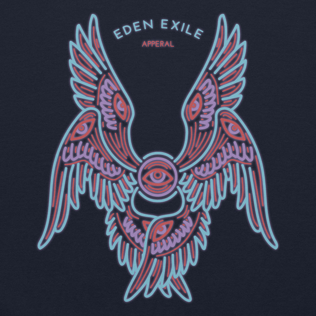 colorful minimal biblical angel with wings in neon  and 'Eden Exile Apparel' text on a dark  background