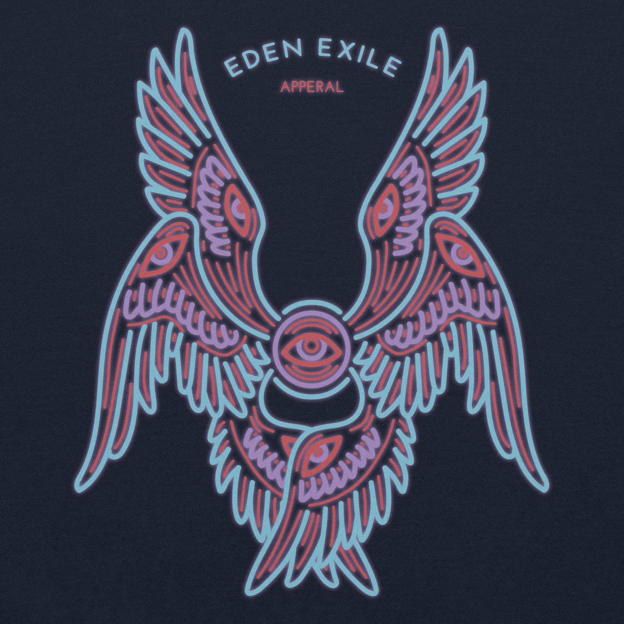 colorful minimal biblical angel with wings in neon  and 'Eden Exile Apparel' text on a dark  background
