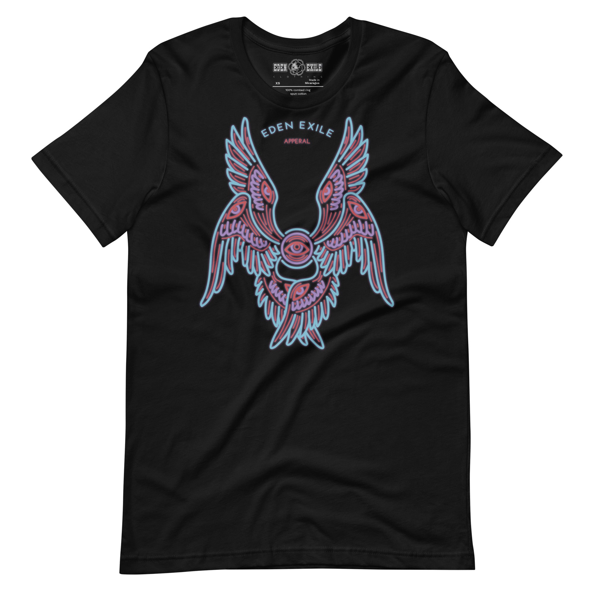 Black t-shirt with a colorful neon winged seraph angel in on a white background