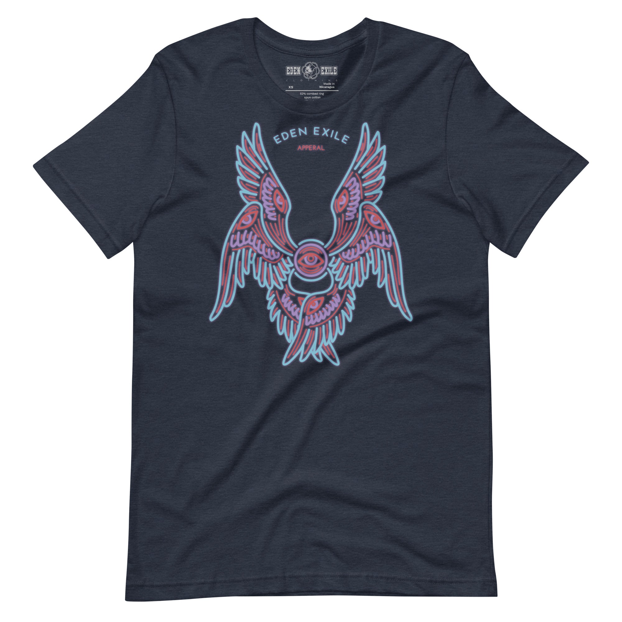 Black t-shirt with a colorful neon seraph angel with six wings design on a white background