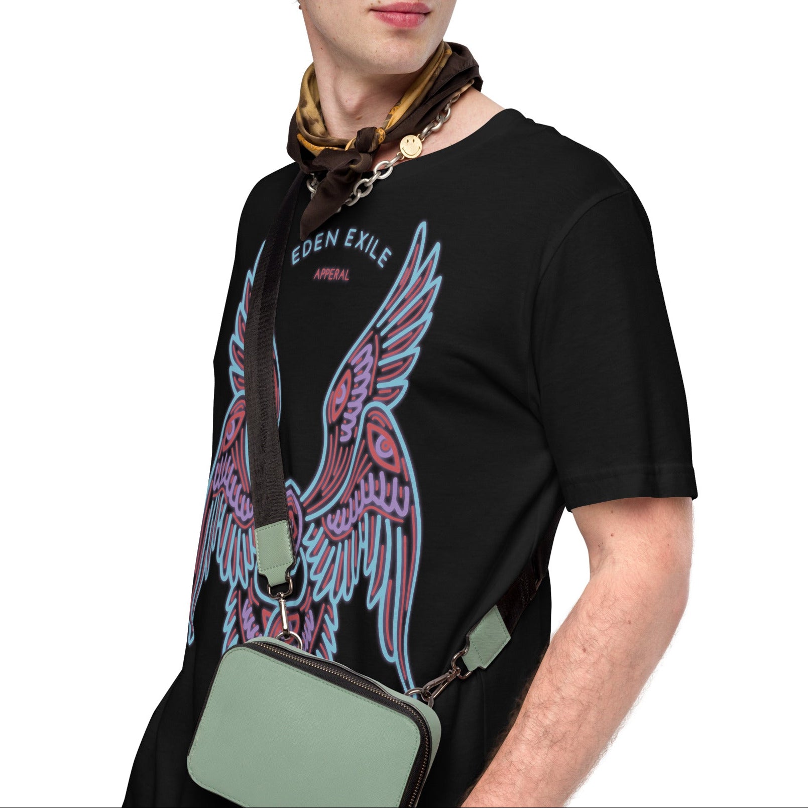 Man wearing a black t-shirt with a winged seraph angel design and 'Eden Exile' text 