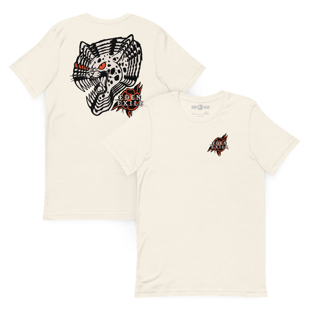 An off-white crewneck t-shirt shown from both the front and back. The back features a large black and red graphic of a spotted big cat head with the text 'EDEN EXILE'.