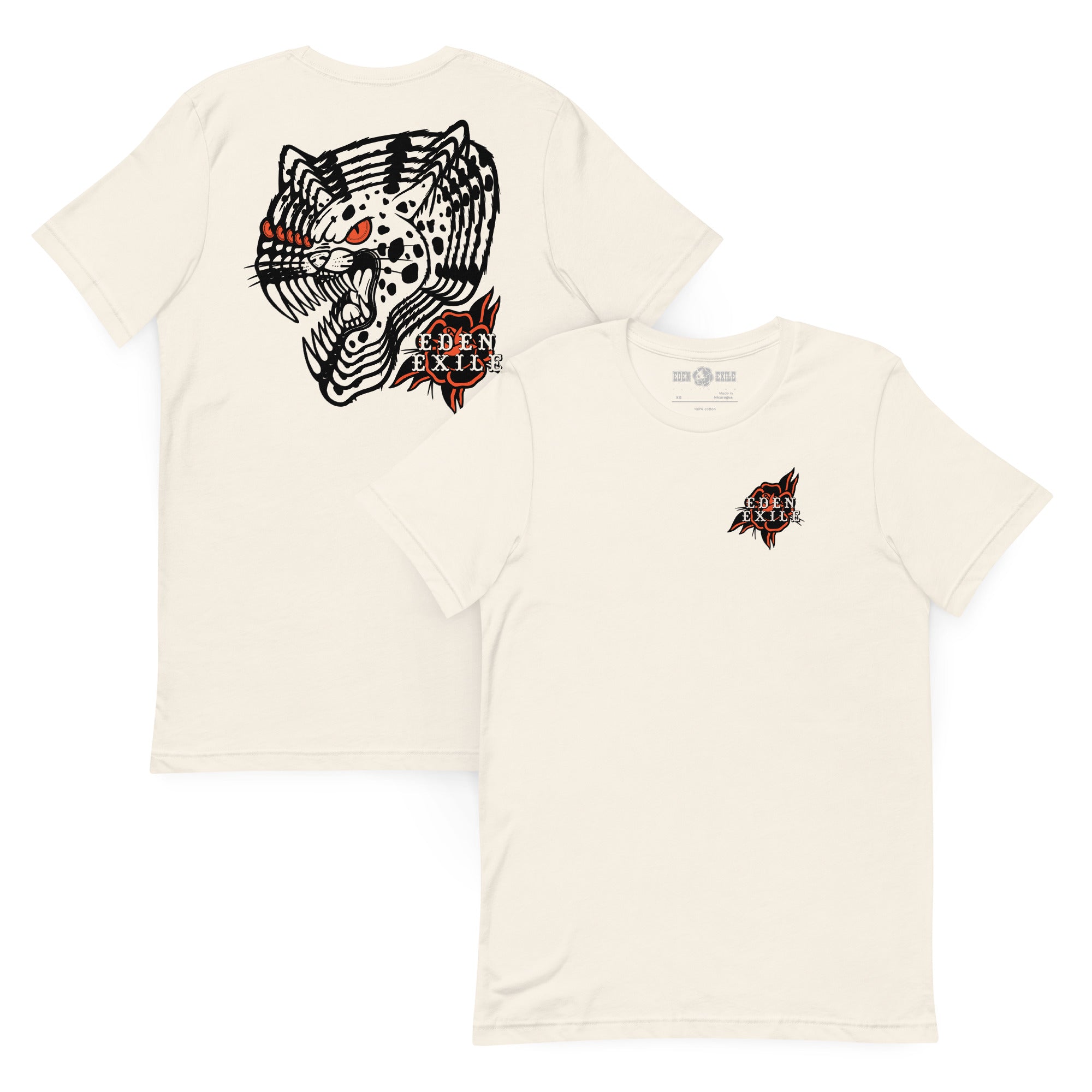 An off-white short-sleeve t-shirt shown from both the front and back. The back features a large graphic of a spotted big cat head with red eyes and the text 'EDEN EXILE' in red branding.