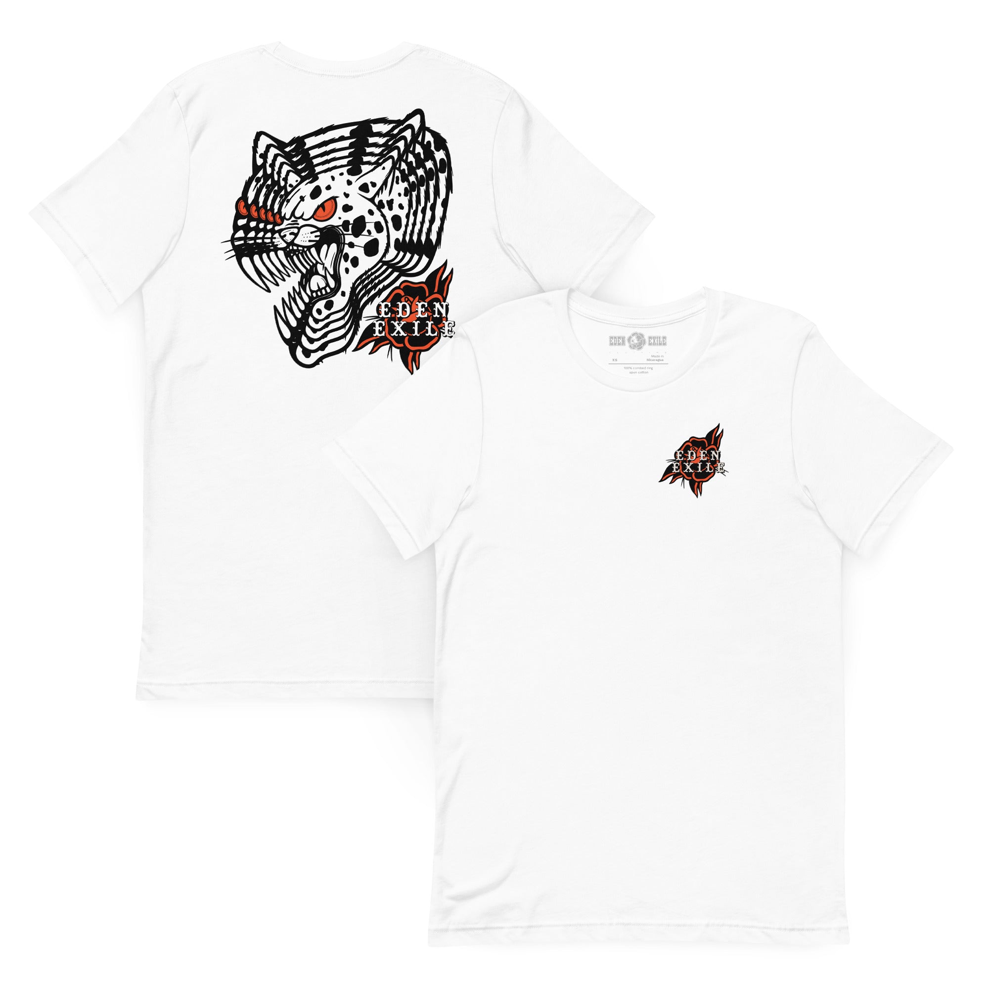 Two white short-sleeve t-shirts shown on a plain white background, with the back view on the left and the front view on the right. The back features a large black-and-red spotted cat graphic and the front a small black and red flower .