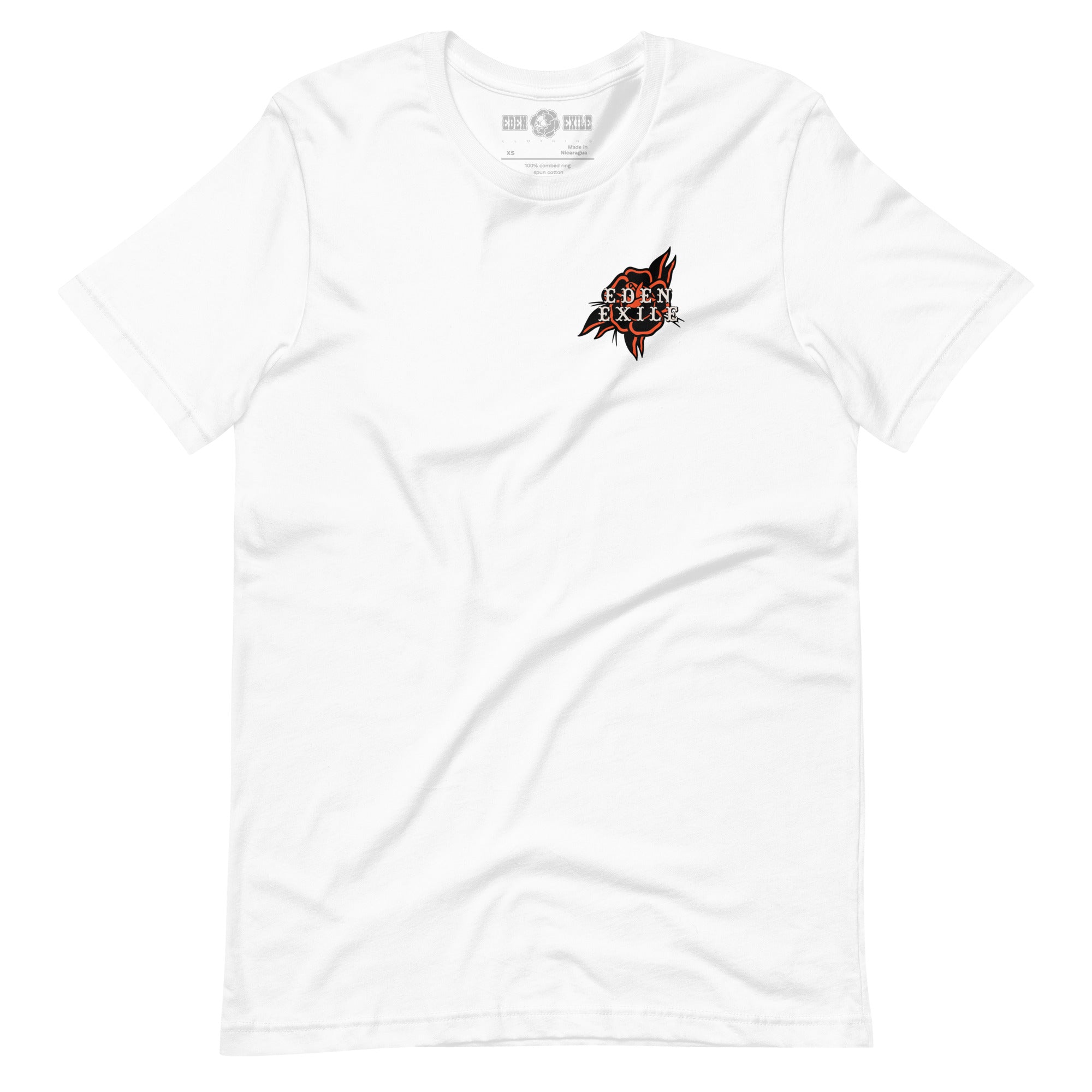 A white short-sleeve crewneck t-shirt featuring a small graphic on the left chest of a Black traditional rose with 'EDEN EXILE' in a stylized font.