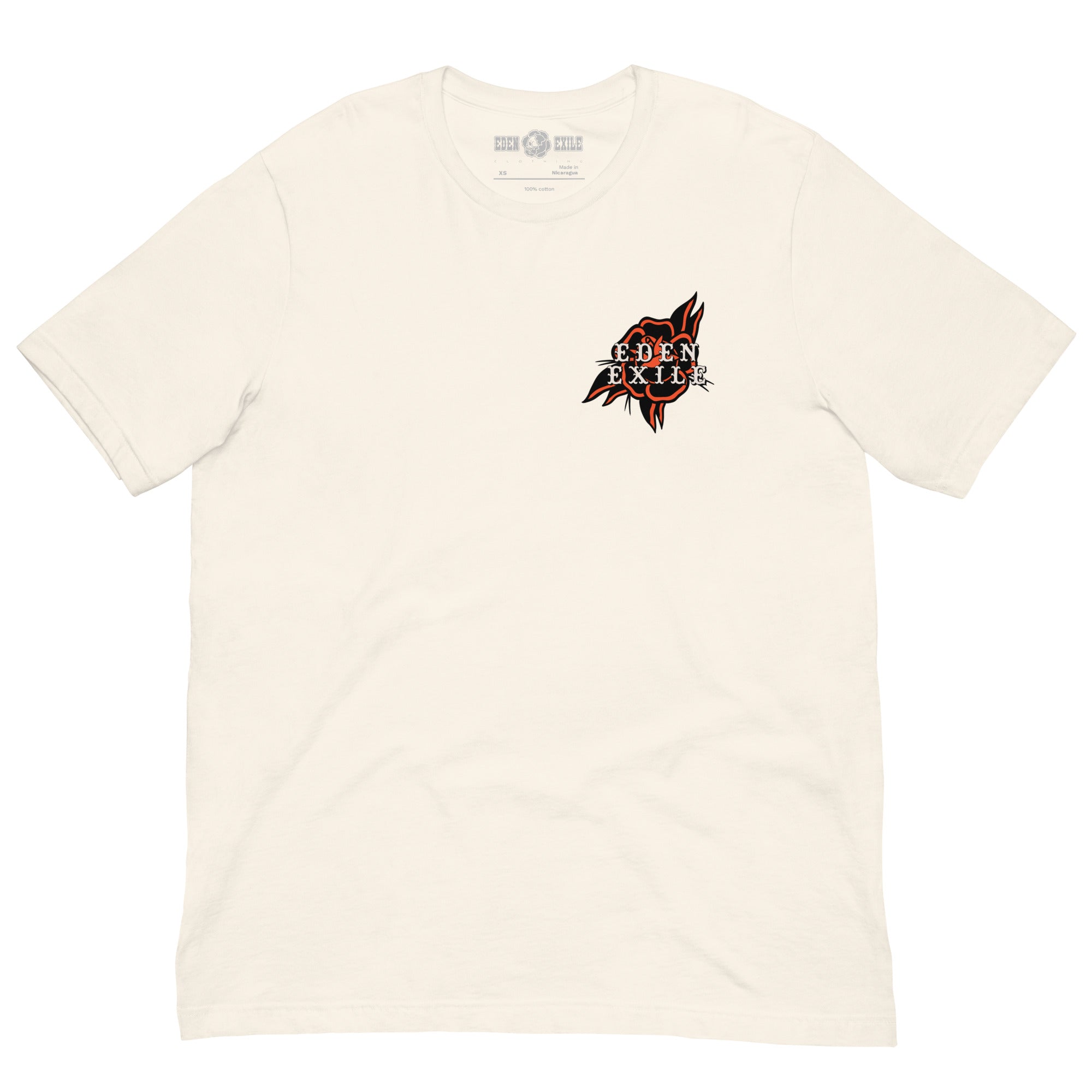 An off-white short-sleeve crewneck t-shirt featuring a small graphic on the left chest with the text 'EDEN EXILE' in a stylized red, black, and white design.
