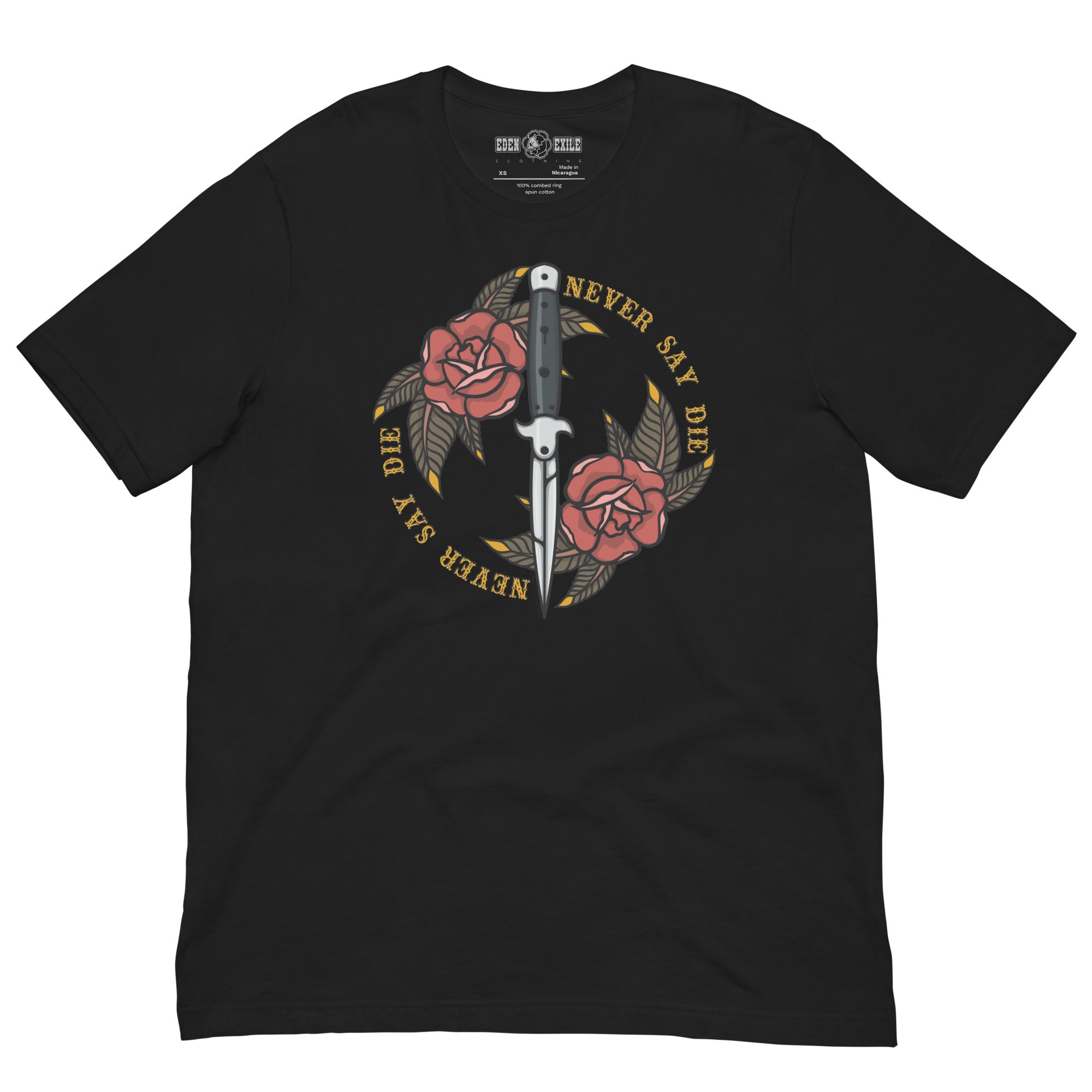 A black short-sleeve crewneck t-shirt featuring a graphic print of a SWITCHBLADE infront of two pink roses, surrounded by gold text that reads 'NEVER SAY DIE' and 'NEVER SAY MAY'.
