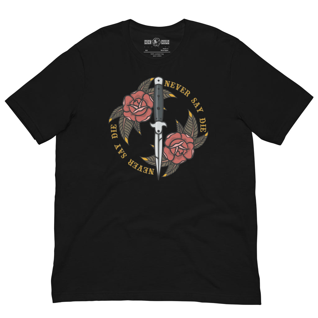 A black short-sleeve crewneck t-shirt featuring a graphic print of a SWITCHBLADE infront of two pink roses, surrounded by gold text that reads 'NEVER SAY DIE' and 'NEVER SAY MAY'.