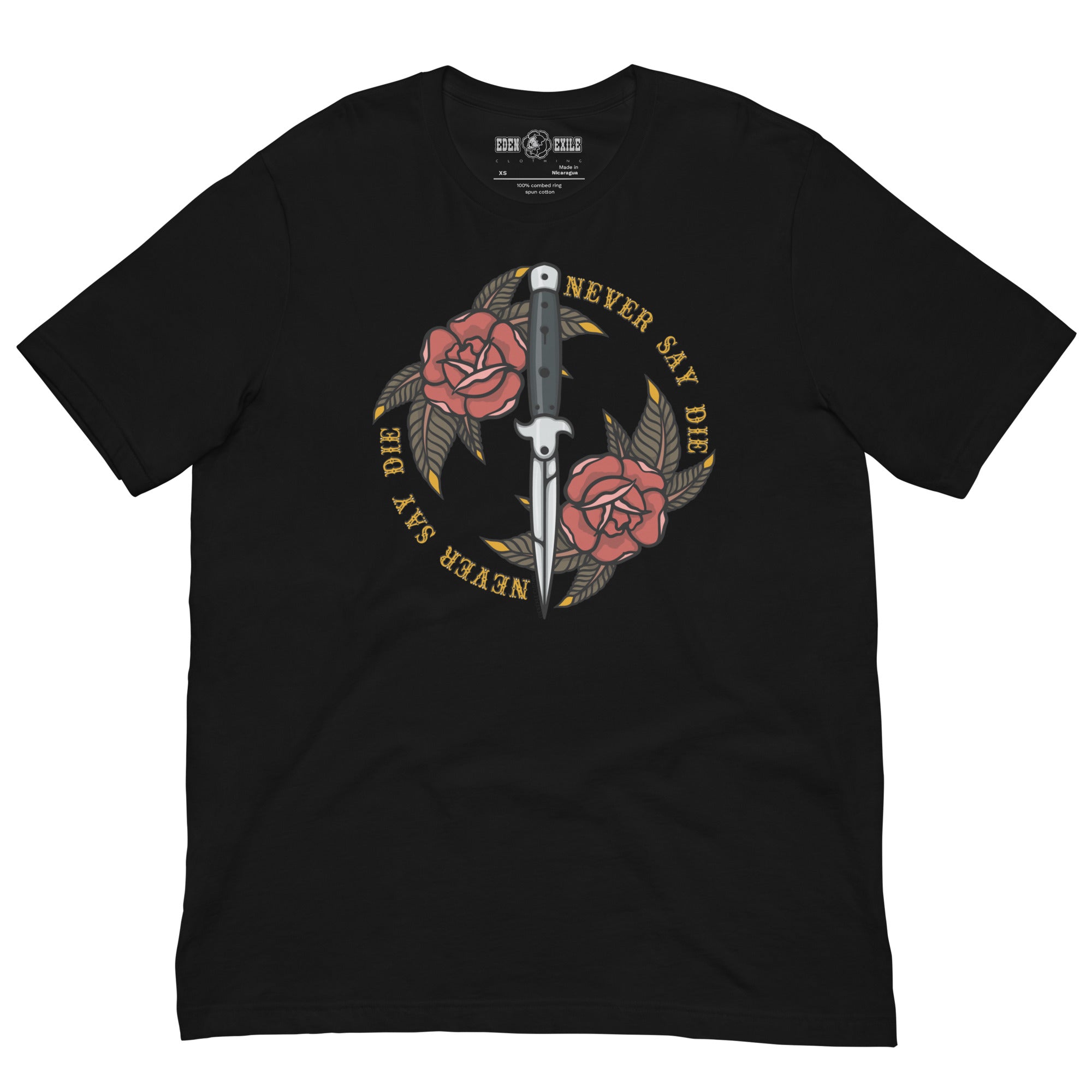 A black short-sleeve crewneck t-shirt featuring a graphic print of a SWITCHBLADE infront of two pink roses, surrounded by gold text that reads 'NEVER SAY DIE' and 'NEVER SAY MAY'.