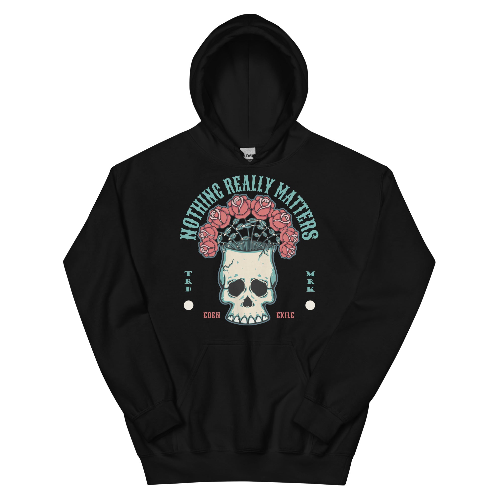 Black hoodie with skull and roses design and 'Nothing Really Matters' text on a white background