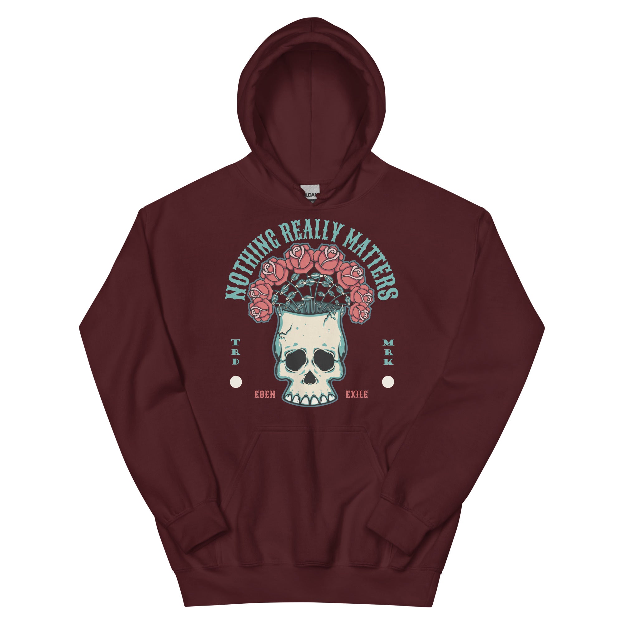 Maroon hoodie with skull and roses design on a white background