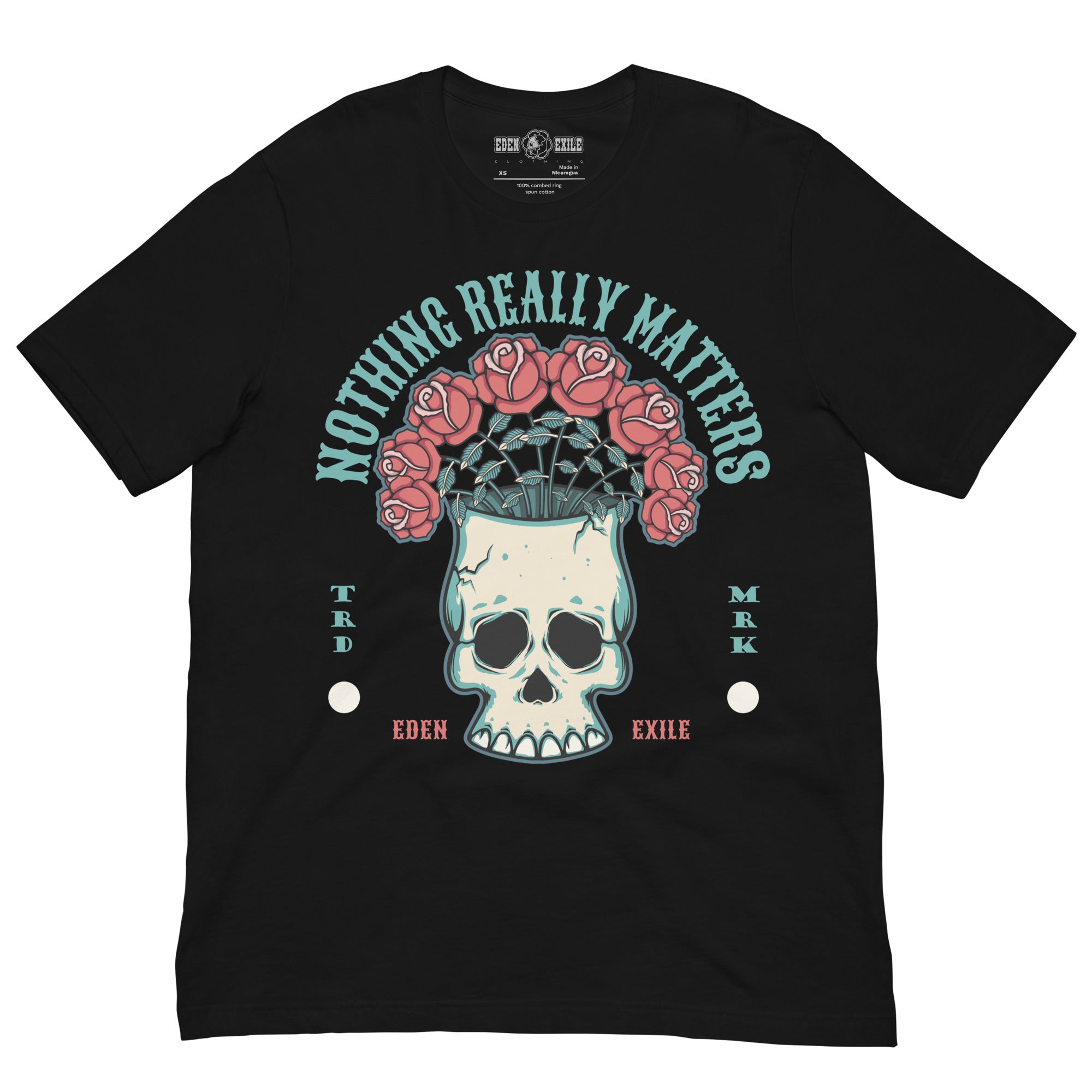 Black t-shirt with a skull vase and roses design and 'Nothing Really Matters' text on a white background.
