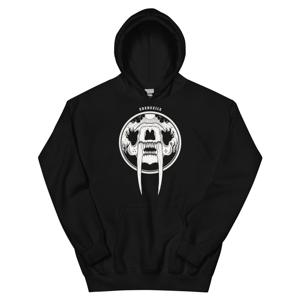 Black hoodie with a white intricate hand drawn sabretooth skull tattoo design on a white background