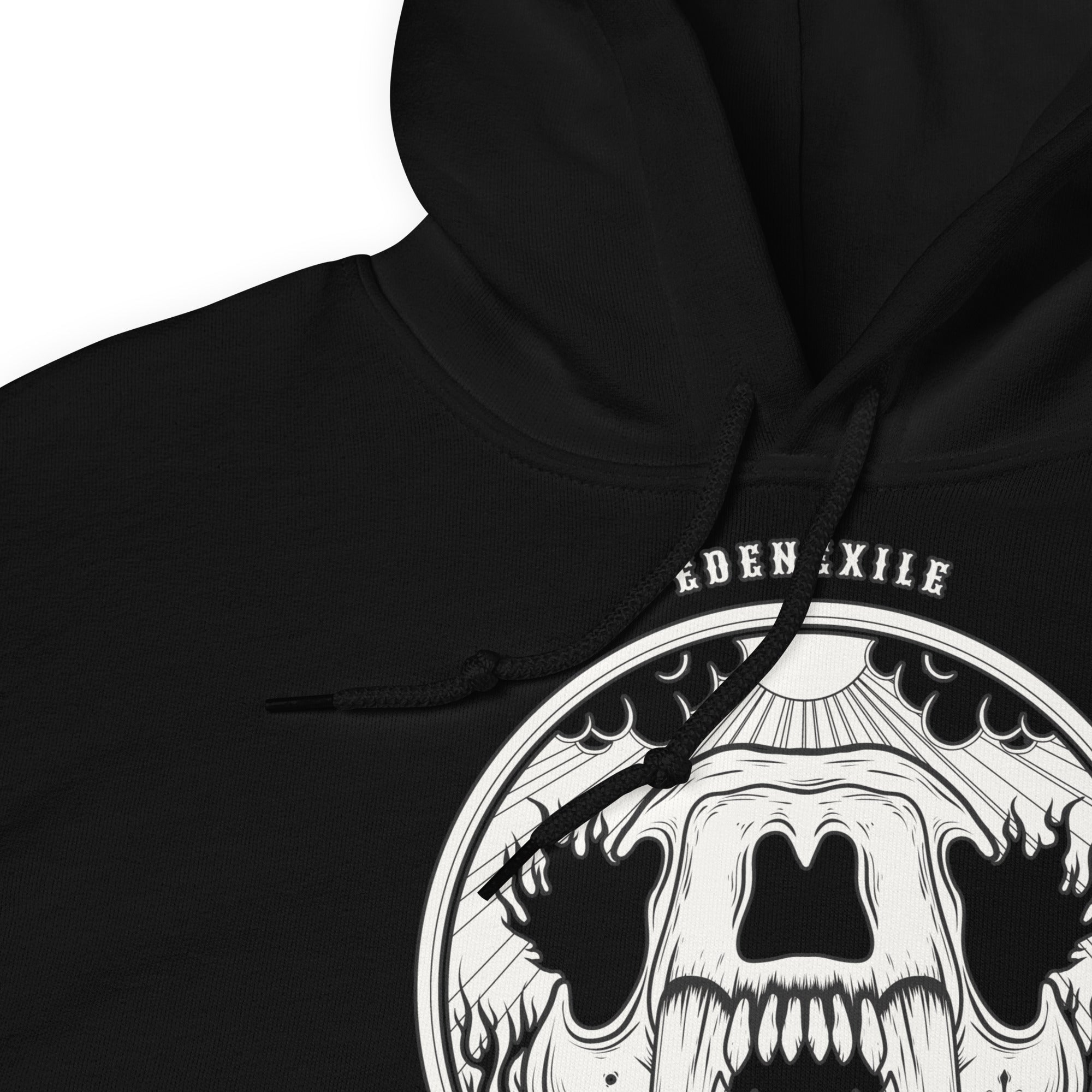Black hoodie with a white intricate skull design and 'Eden Exile' text on a white background