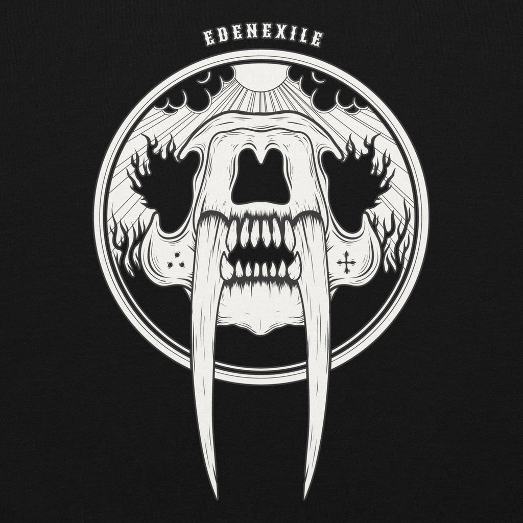 Black and white illustration of a sabretooth skull with sharp teeth, featuring the brand 'Eden Exile' in american traditional font 