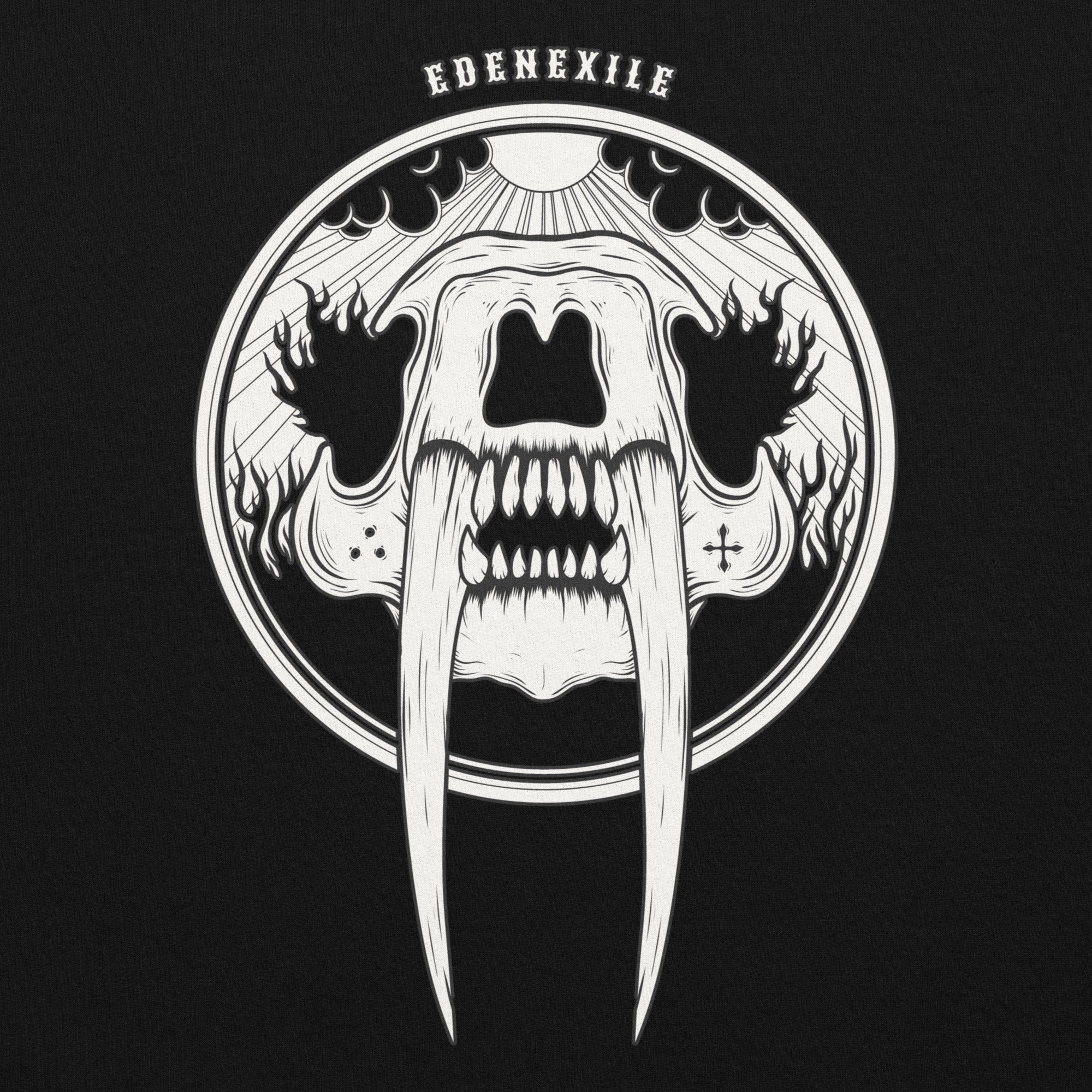 Black and white illustration of a sabretooth skull with sharp teeth, featuring the brand 'Eden Exile' in american traditional font 