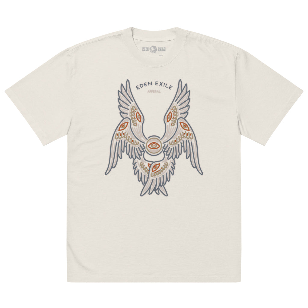 White t-shirt with a decorative minimal biblical angel design and 'Eden Exile' branding on a white background