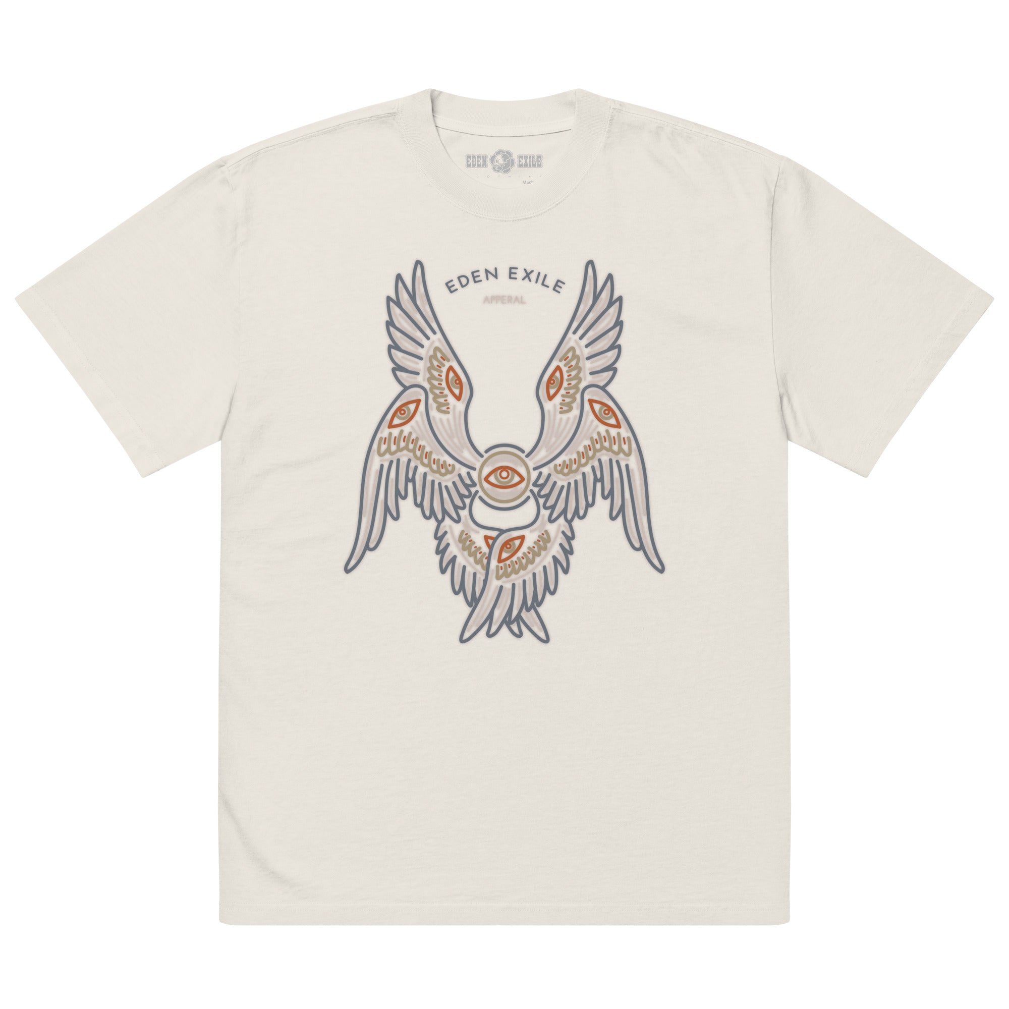 White t-shirt with a decorative minimal biblical angel design and 'Eden Exile' branding on a white background