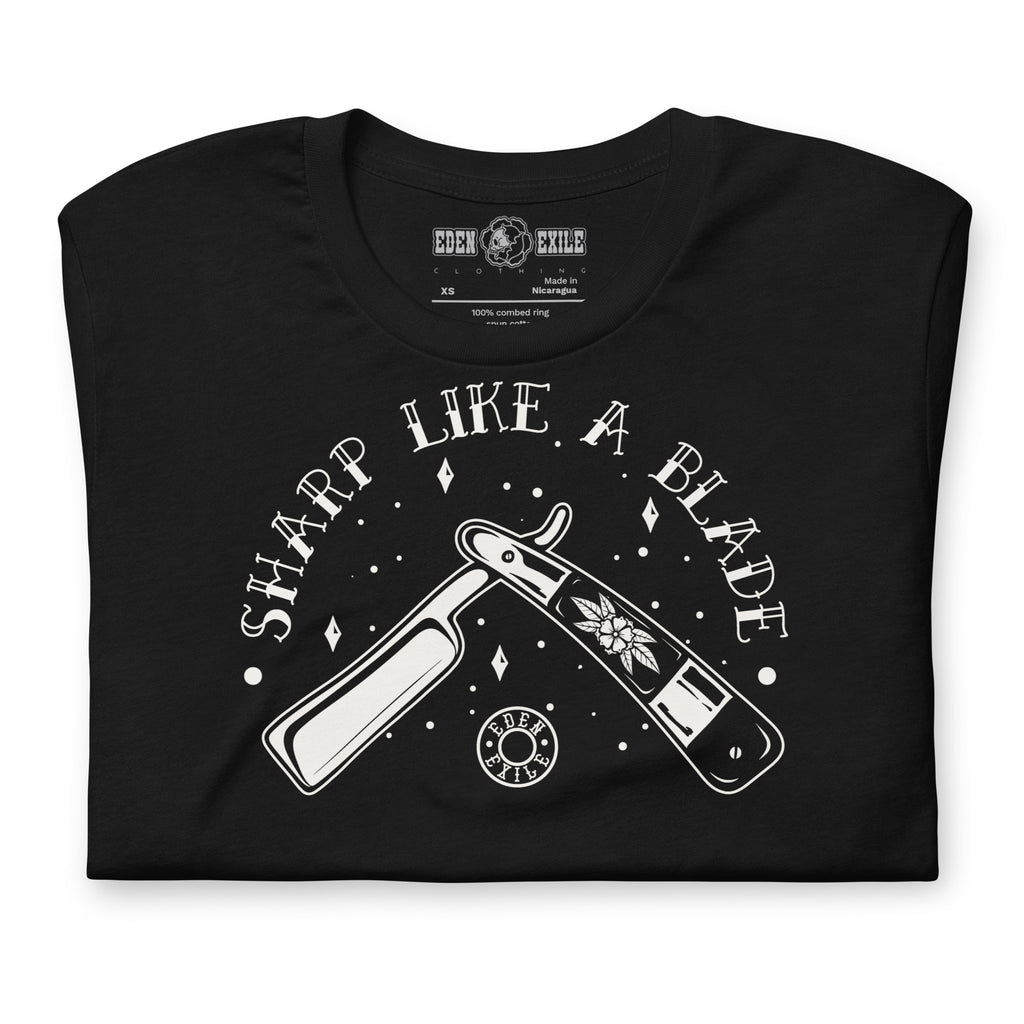 Black t-shirt with white traditional razor graphic design and text 'Sharp Like a Blade' on a white background