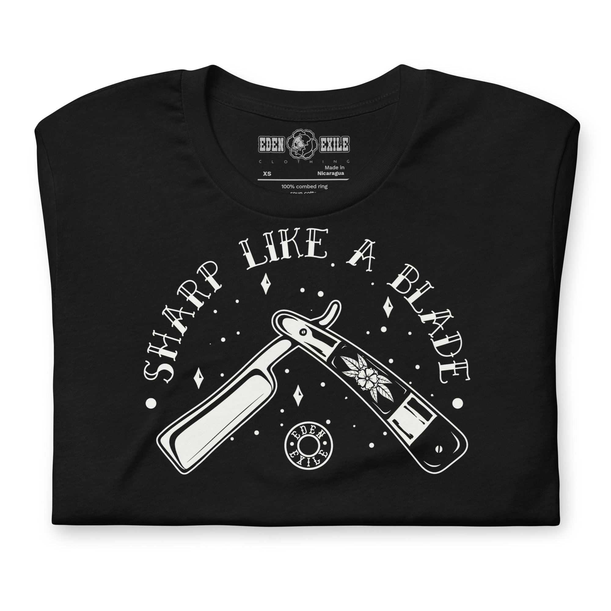 Black t-shirt with white traditional razor graphic design and text 'Sharp Like a Blade' on a white background