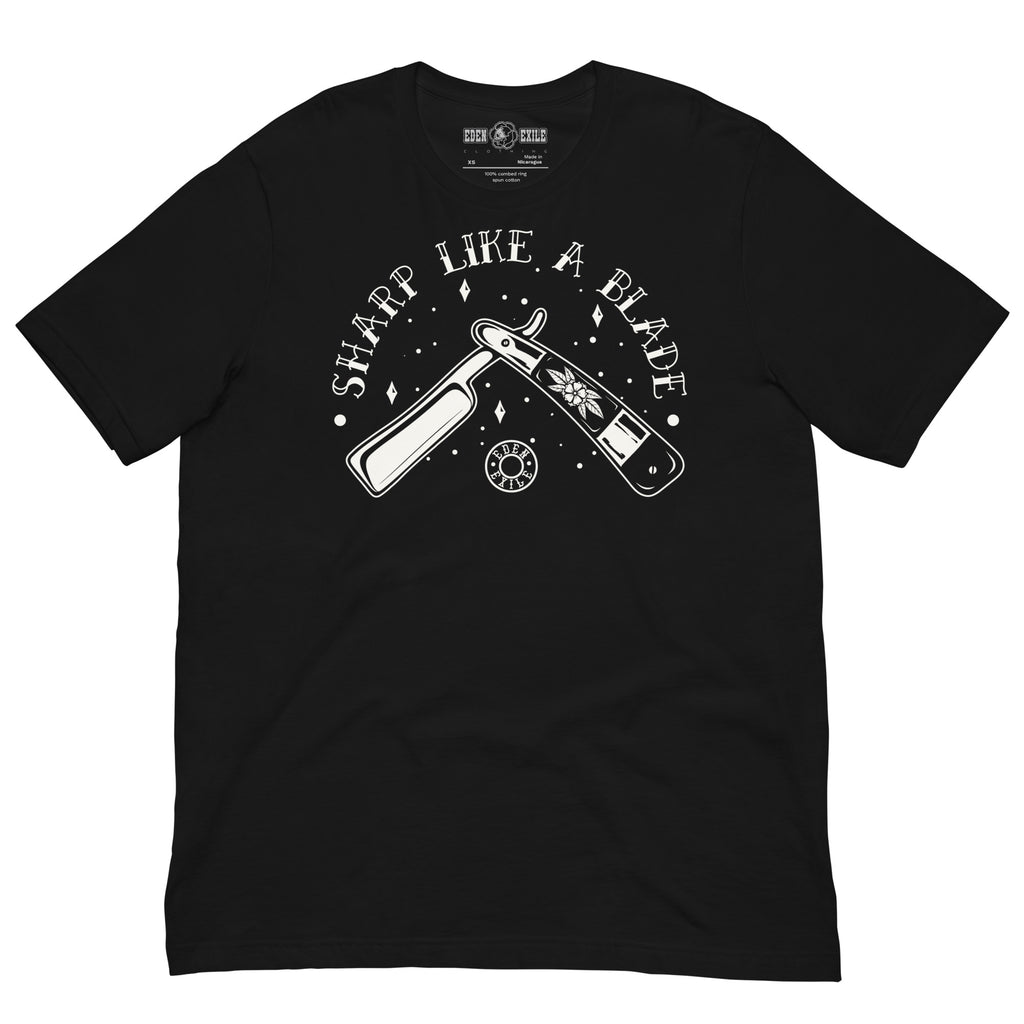 Black t-shirt with white vintage razor graphic design and text 'Sharp Like a Blade' on a white background