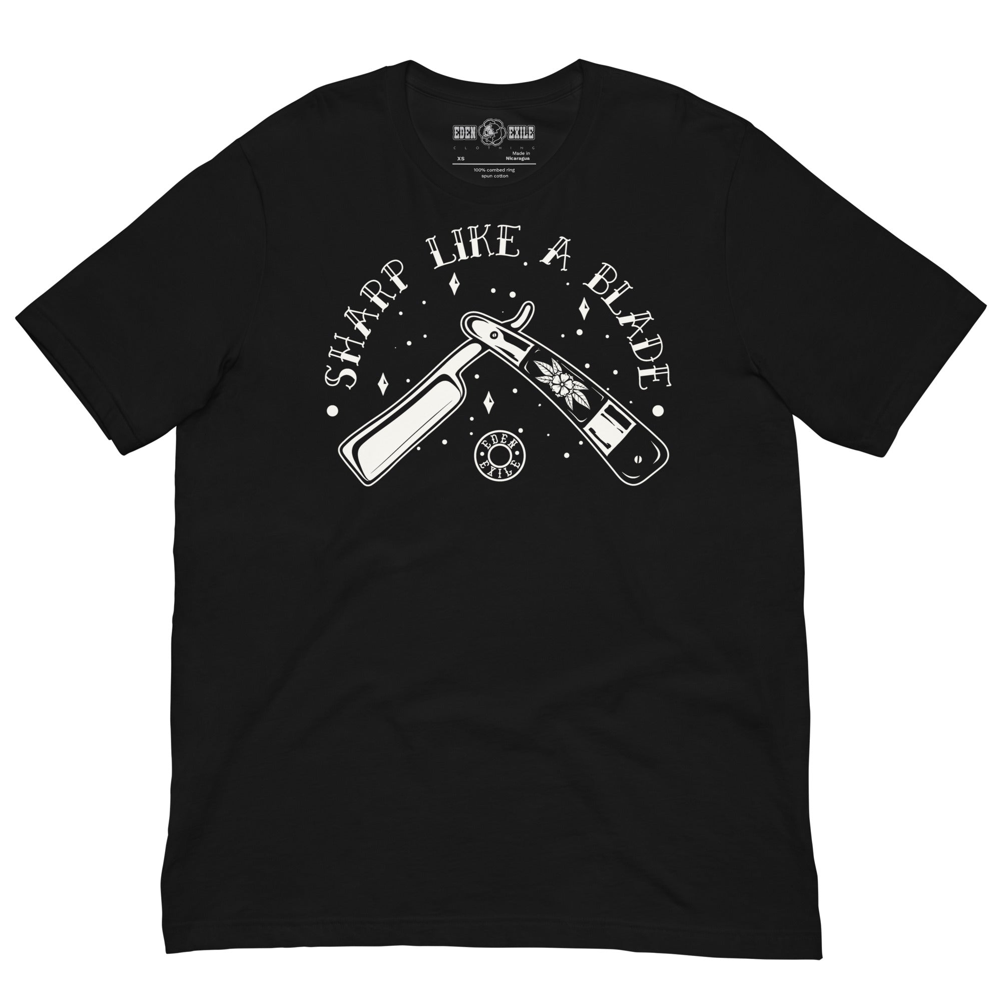 Black t-shirt with white vintage razor graphic design and text 'Sharp Like a Blade' on a white background