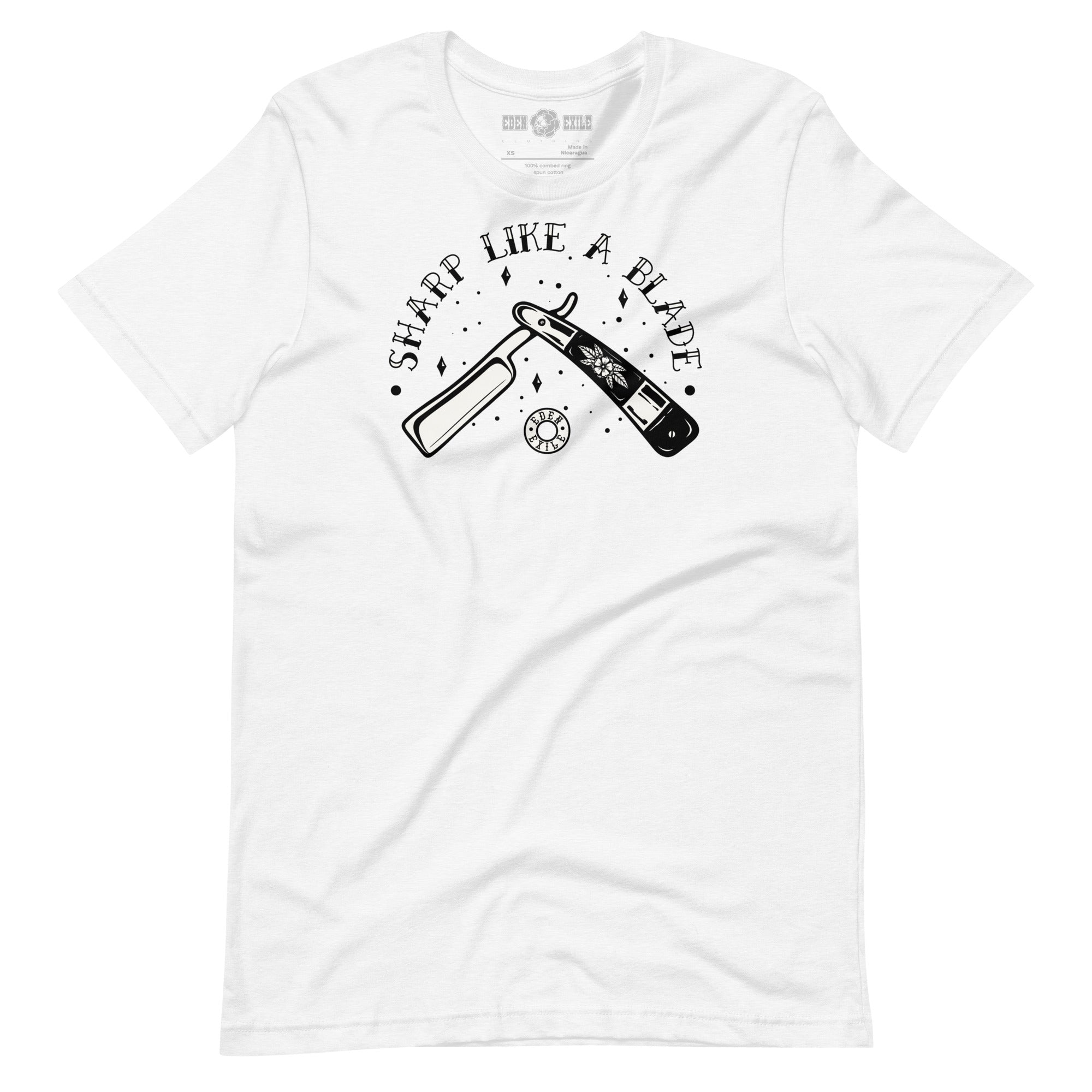 White t-shirt with white vintage razor graphic design and text 'Sharp Like a Blade' on a white background