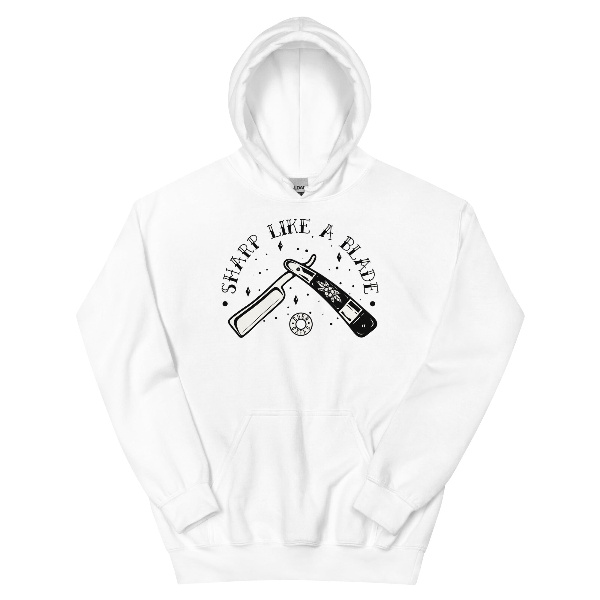 Black hoodie with graphic design of  traditonal tattoo of a razor and text on a white background