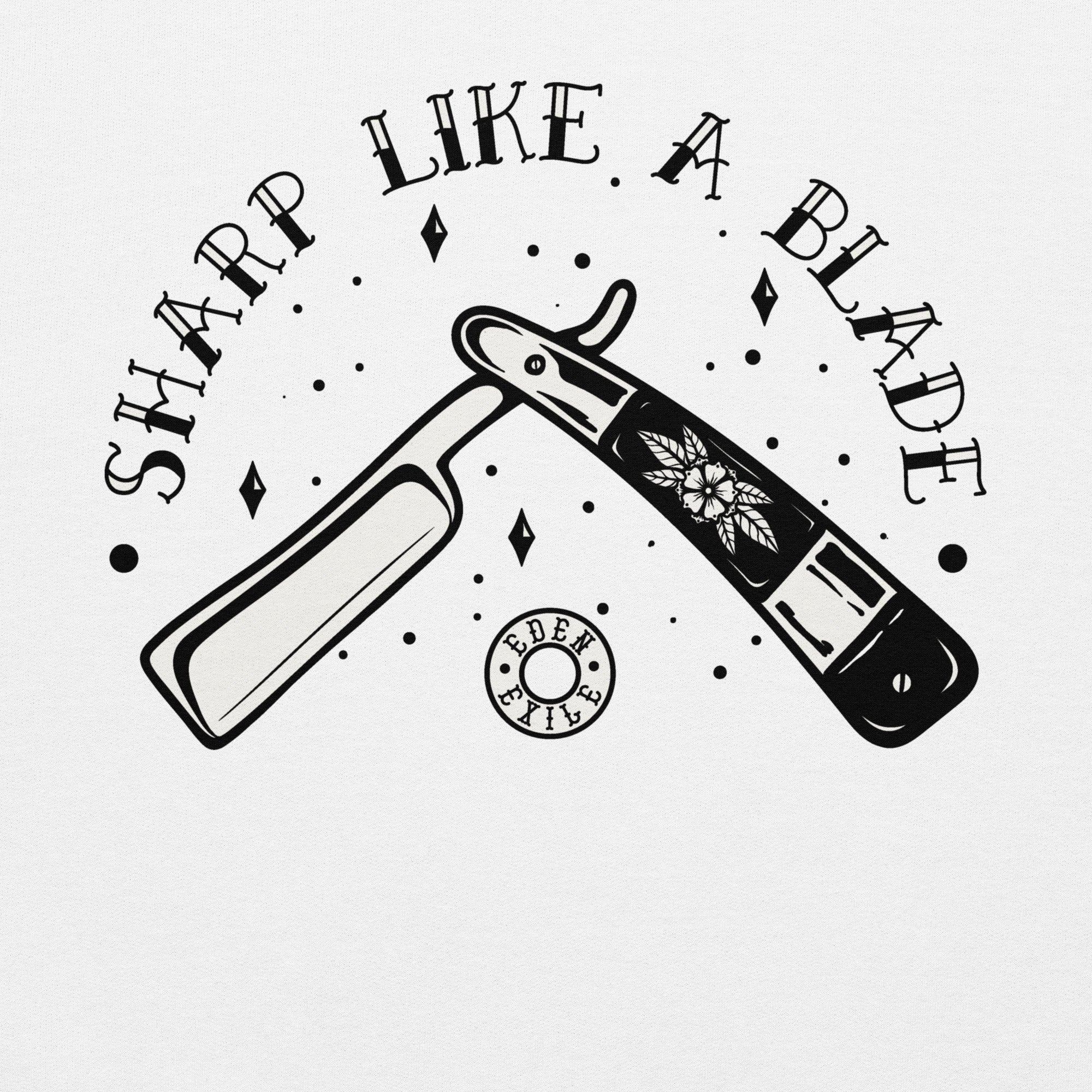Open vintage tattoo style Razor with 'Sharp Like A Blade' text on a light gray background