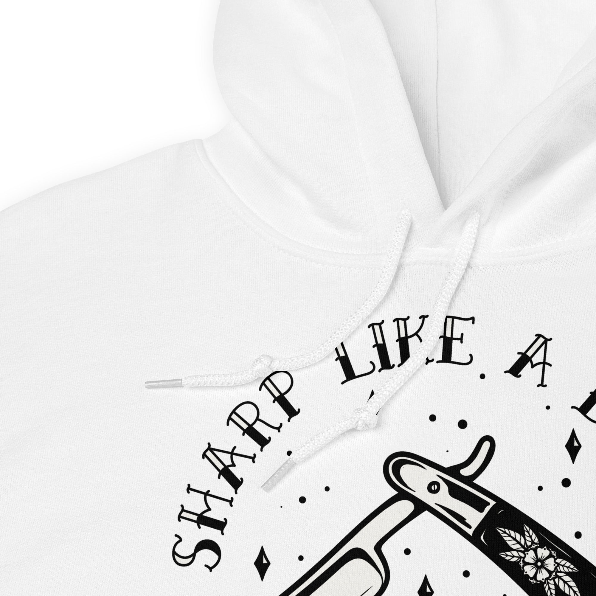 White hoodie with black text and graphic art of a razor blade tattoo on a white background