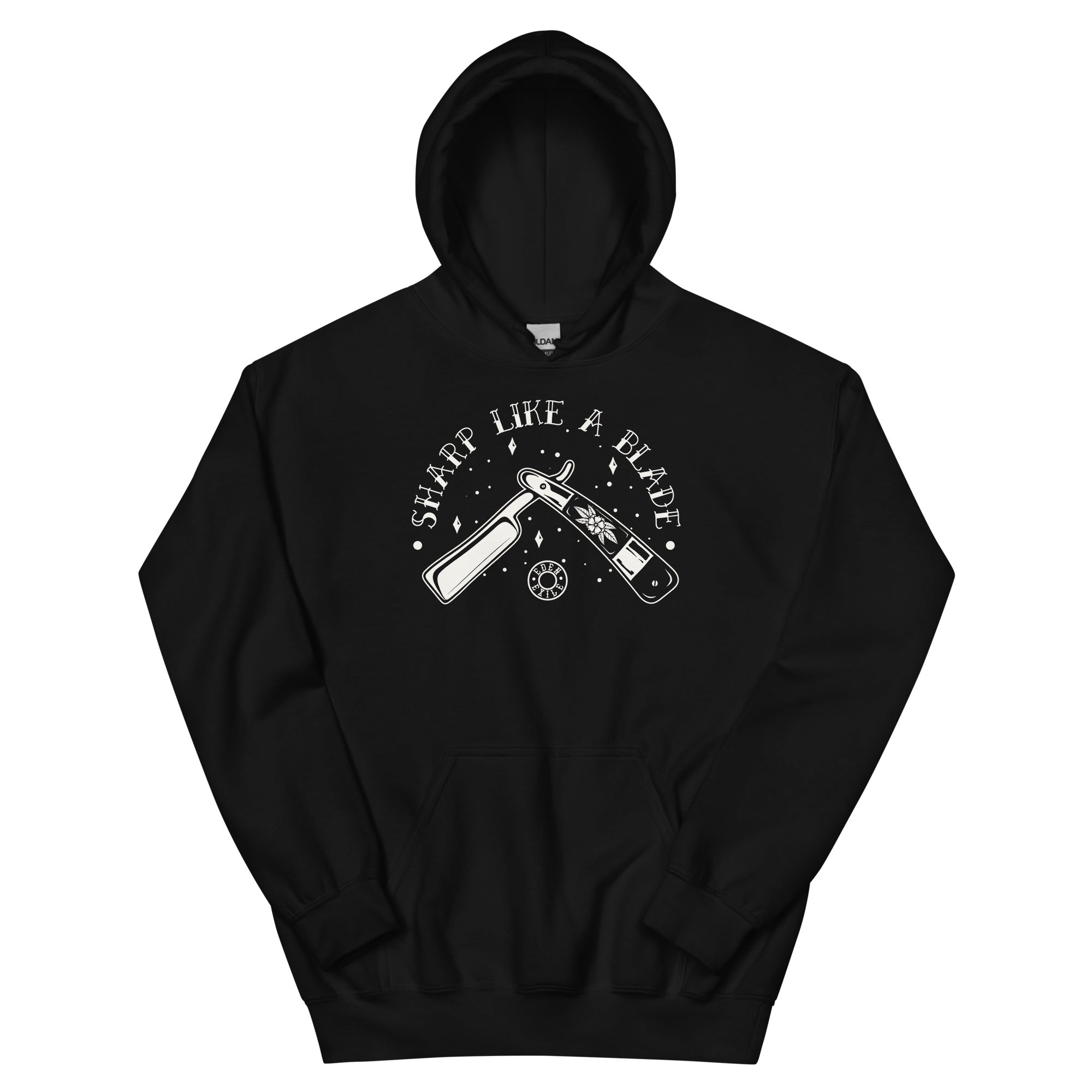 Black hoodie with graphic design of  traditonal tattoo of a razor and text on a white background