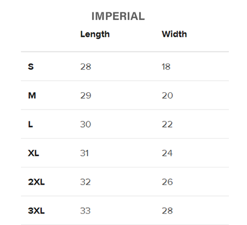 Size chart for clothing with imperial measurements in length and width.