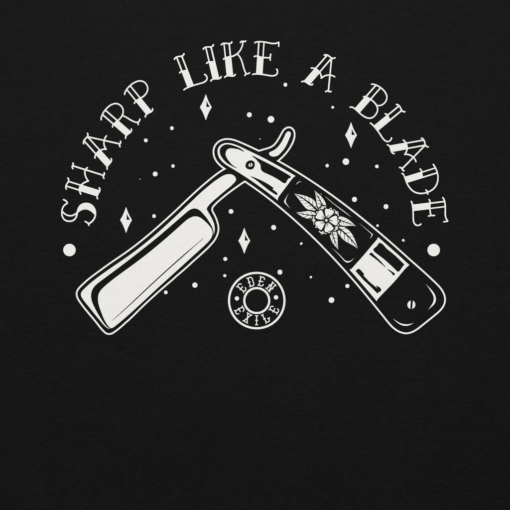 Black t-shirt with open barbershop razor and 'Sharp Like a Blade' text on a black background