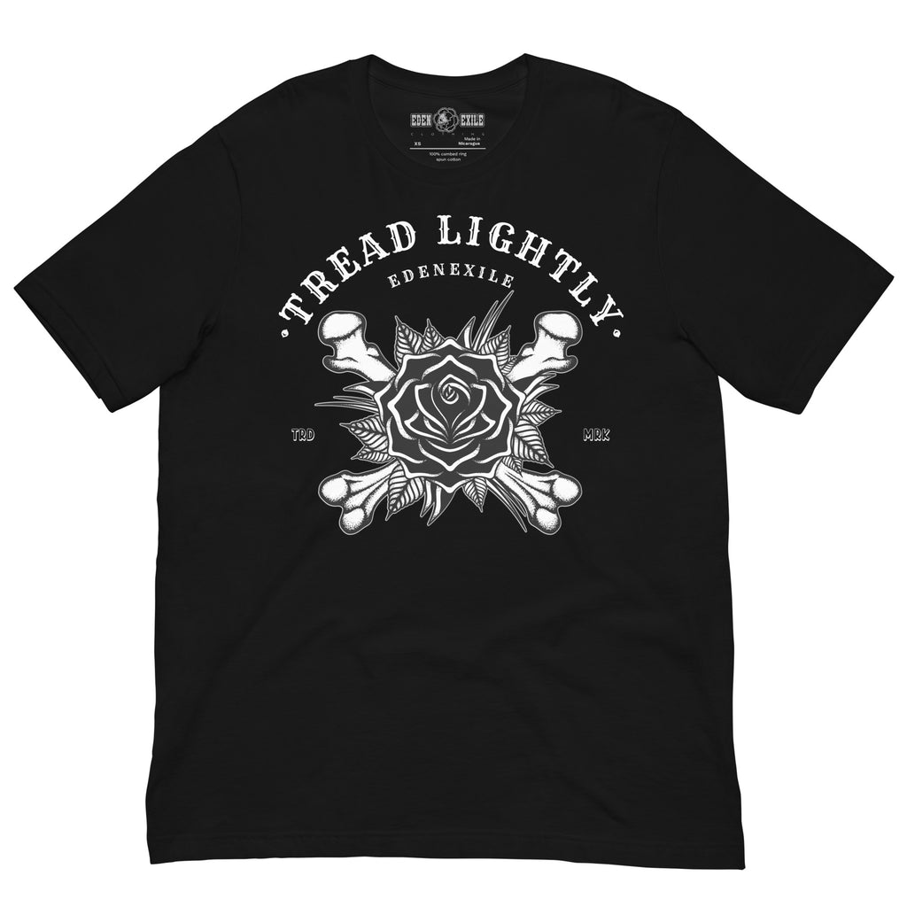 Black t-shirt with a black rose on crossed bones, tattoo inpired design done in dotwork.