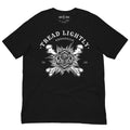 Black t-shirt with a black rose on crossed bones, tattoo inpired design done in dotwork.