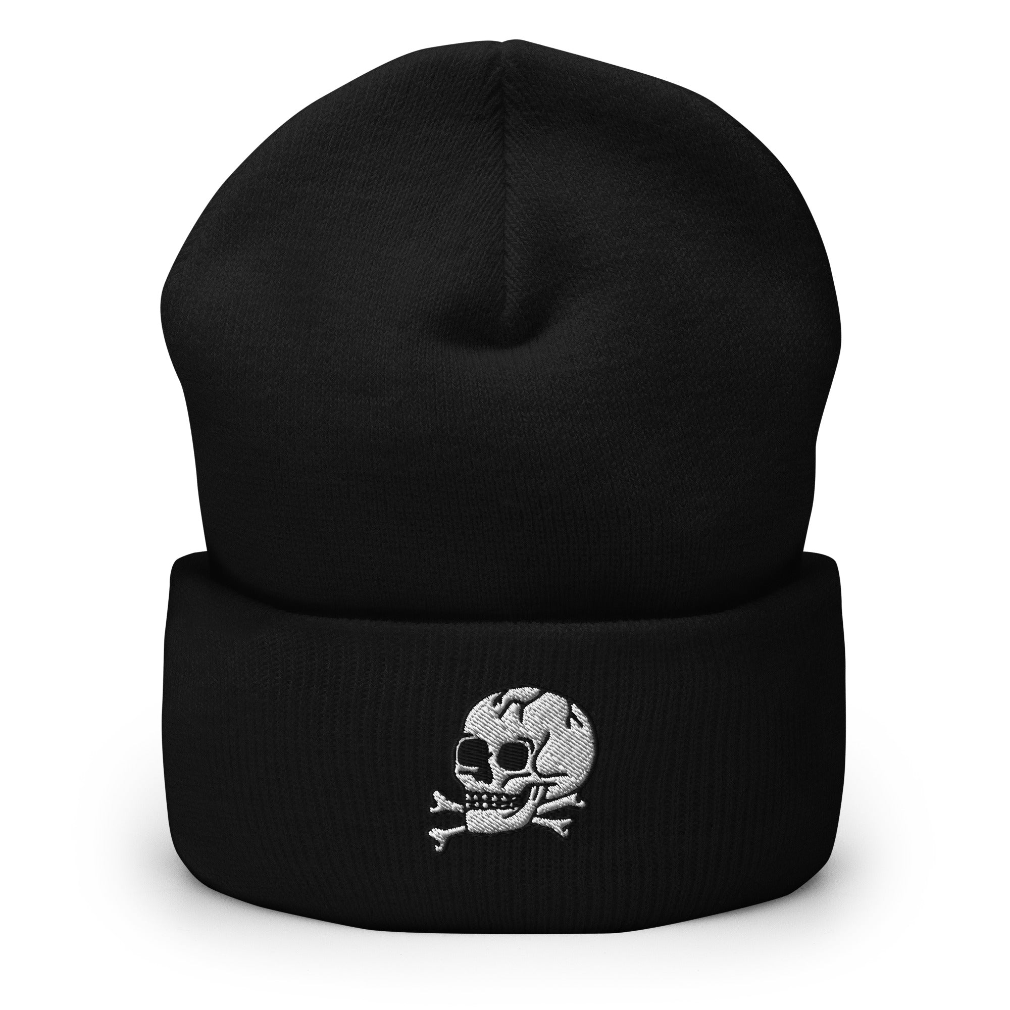 Black beanie with a skull and crossbones design on a white background