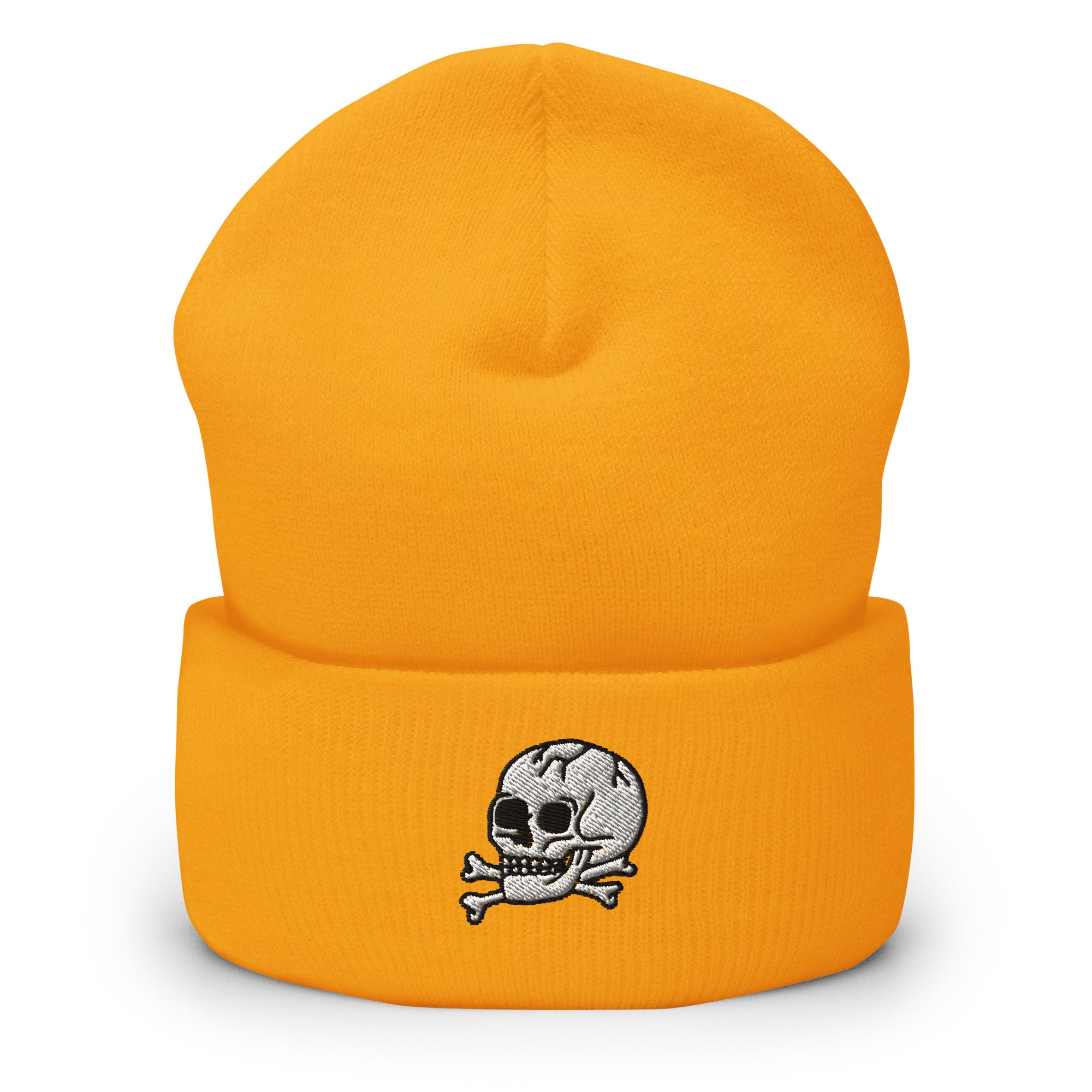 Orange beanie with a skull and crossbones design on a white background