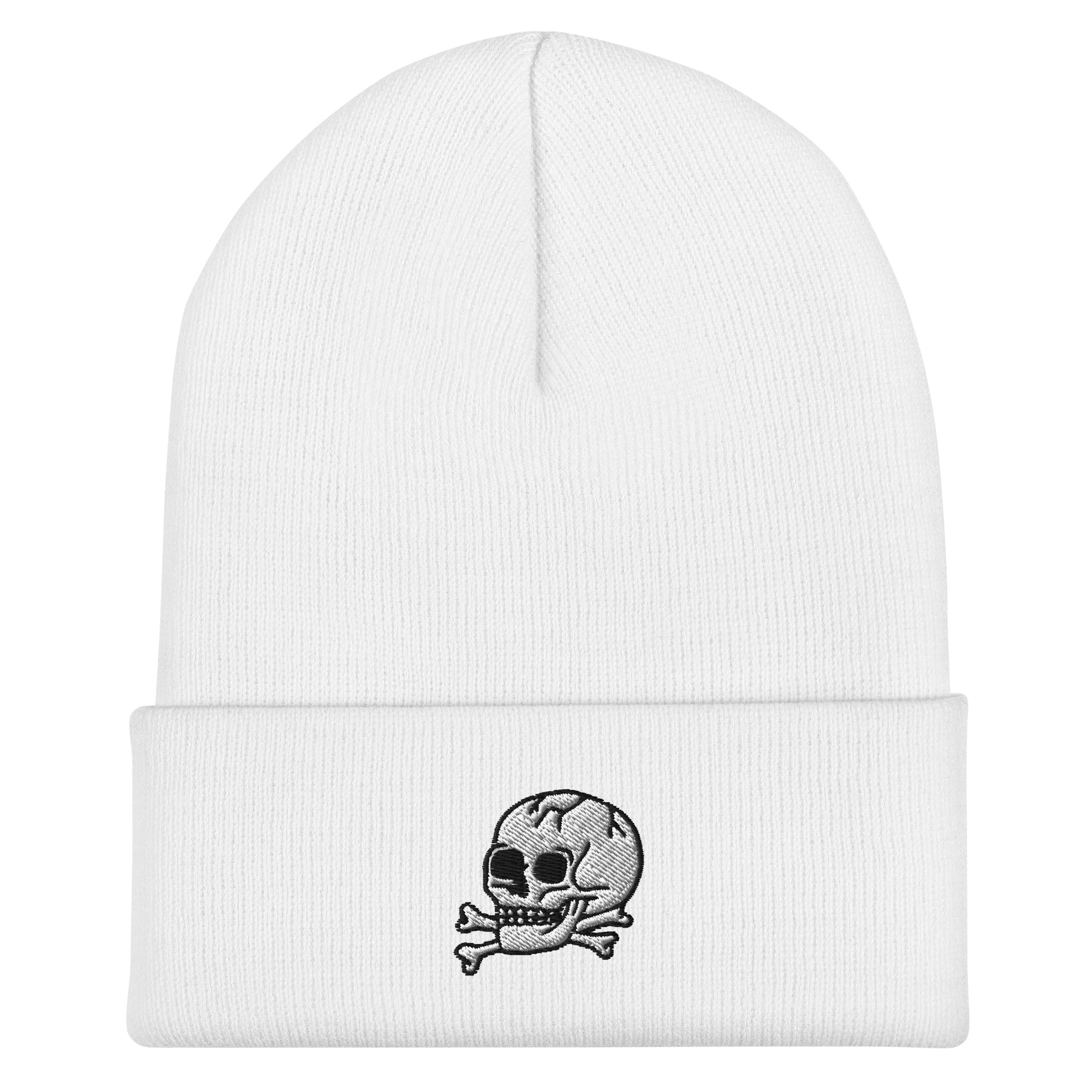 White beanie with a skull and crossbones design on a white background